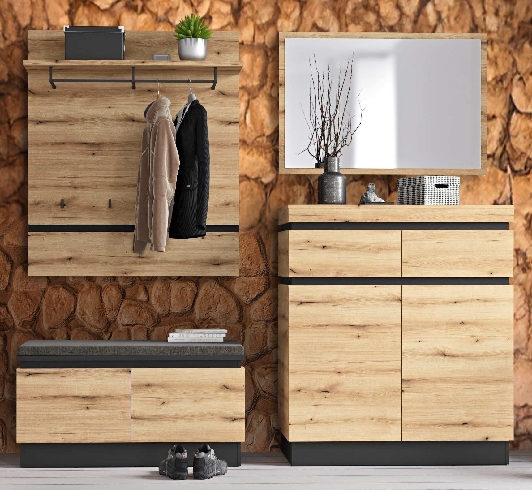 Meble Wójcik Garderoben-Set (4-teilig) Evoke Eiche Dekor - 205x201x45 BxHxT, (4-teilig)