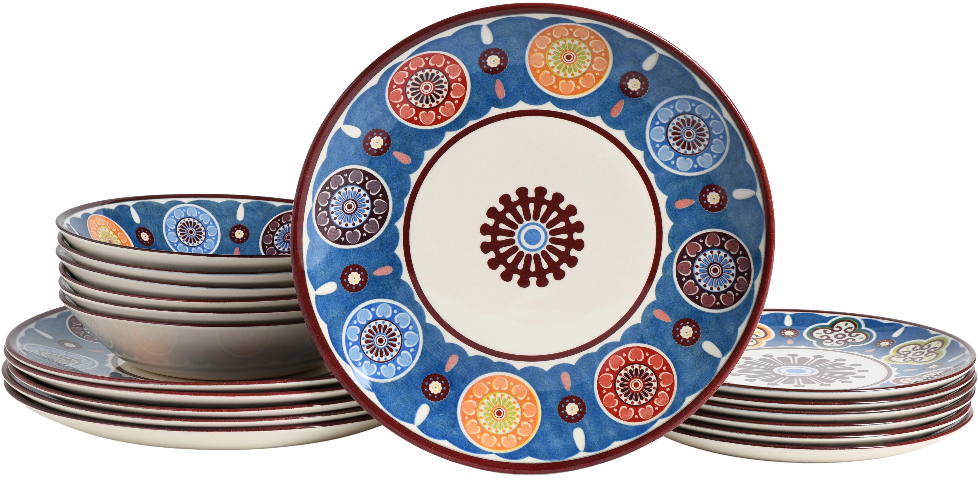 creaTable Teller-Set Sumaya, Teller Set 18-tlg (18-tlg), 6 Personen, Steingut, Mandala Motive