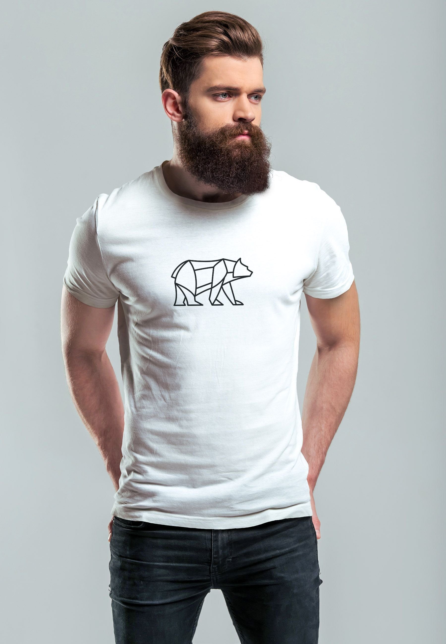 2 weiß Print Print-Shirt Outdoor Print Herren Neverless Bear T-Shirt Fashion Design Bär Tiermotiv Polygon mit Polygon