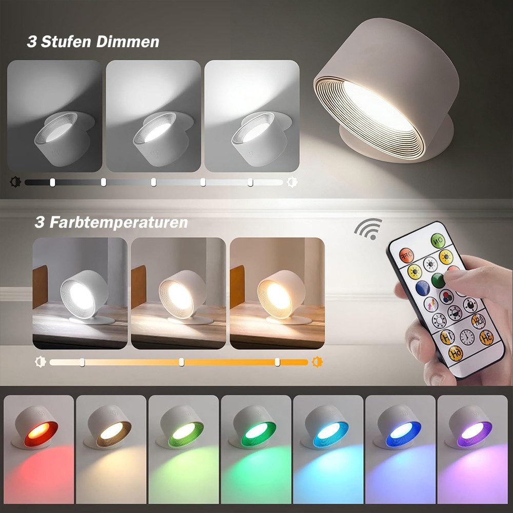 TUWENA LED Wandstrahler LED Wandleuchte Innen, 360°Drehbare Touch-Steuerung Wandlampe mit, 3 Dimmbar, 3 Farbtemperaturen, 16 RGB Farben, Touch und Fernbedienung