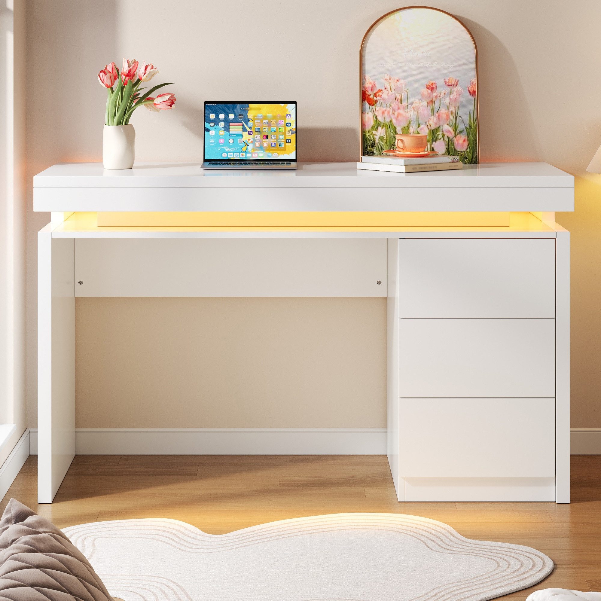 OKWISH Schreibtisch LED-Schreibtisch 120x50x78,5cm mit 3 Schubladen (Packung, 1-St., Verlängerte & verbreiterte Arbeitsfläche), Verstärkte Beine, einstellbare LED für Homeoffice