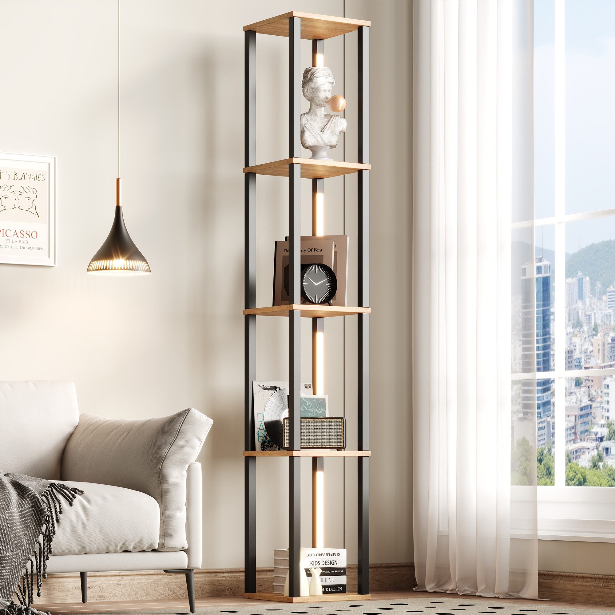 Flieks Bücherregal Standregal mit einstellbare LED-Beleuchtung, 4 Ebenen Eckregal, 1-tlg., Mehrzweckregal Lagerregal aus MDF, 4 Fächern, Naturholzfarbe&Schwarz