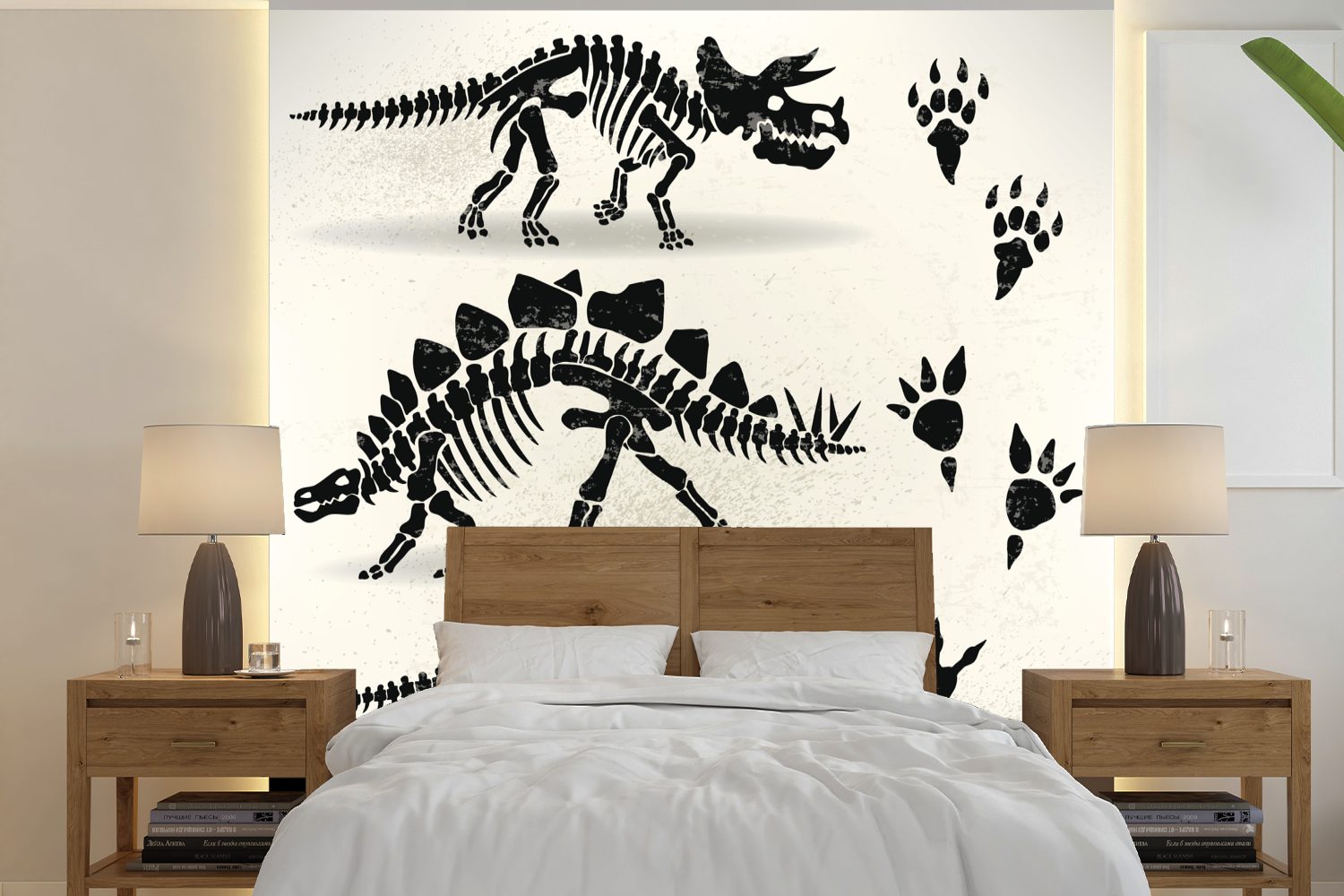 MuchoWow Fototapete Dinosaurier - Skelett - Pfotenabdruck - Zeichnung - Kinder - Kids -, Matt, bedruckt, (5 St), Vinyl Tapete für Wohnzimmer oder Schlafzimmer, Wandtapete