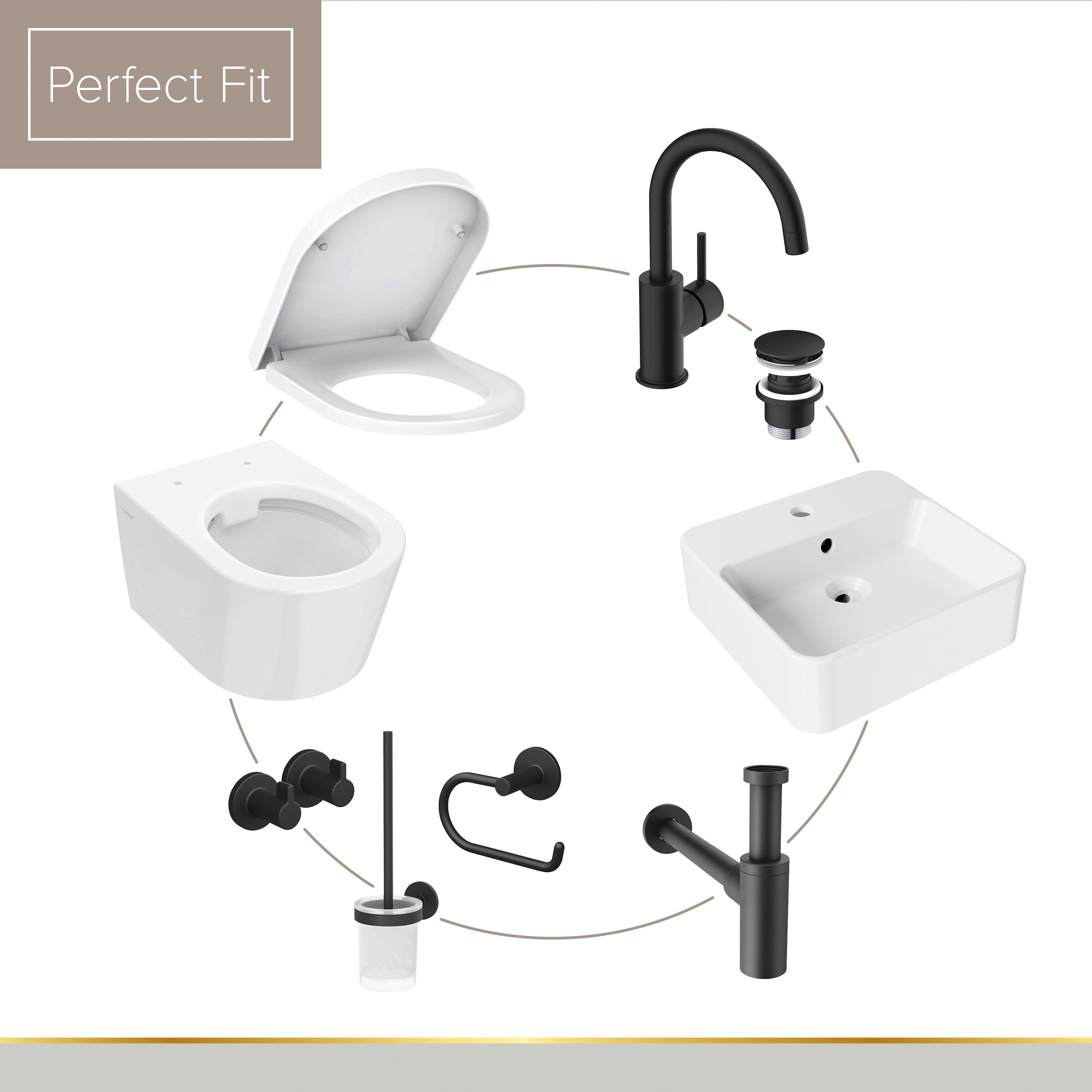 Lenz WC-Komplettset PERFECT FIT Gästebad, WC, Waschbecken, Armatur, Accessoires, Siphon, wandhängend, (Gäste-Bad-Set Komplettes Gästebad als Set), 8-teiliges Bad-Set