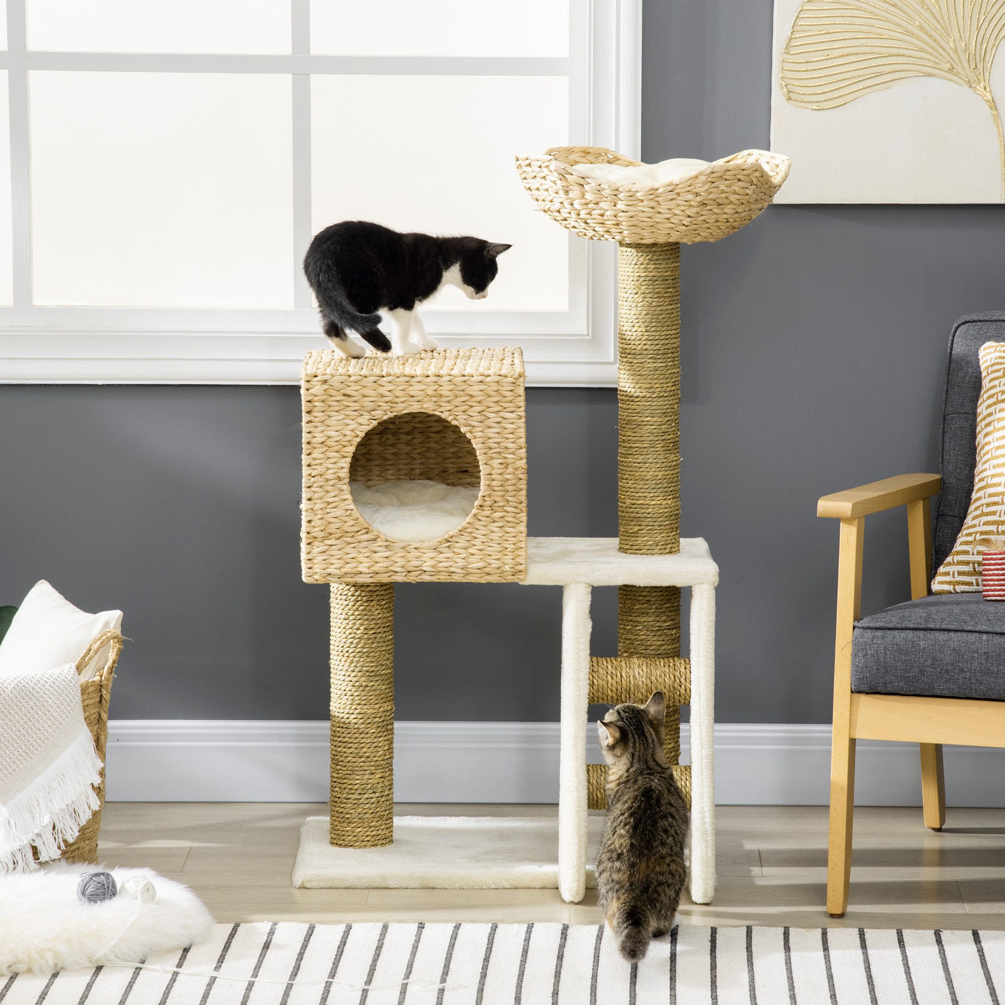 PawHut Kratzbaum Katzenbaum mit Katzenhöhle, Katzenkratzbaum mit Sisal-Kratzsäulen, für Katzen bis 4,5 kg, Natur