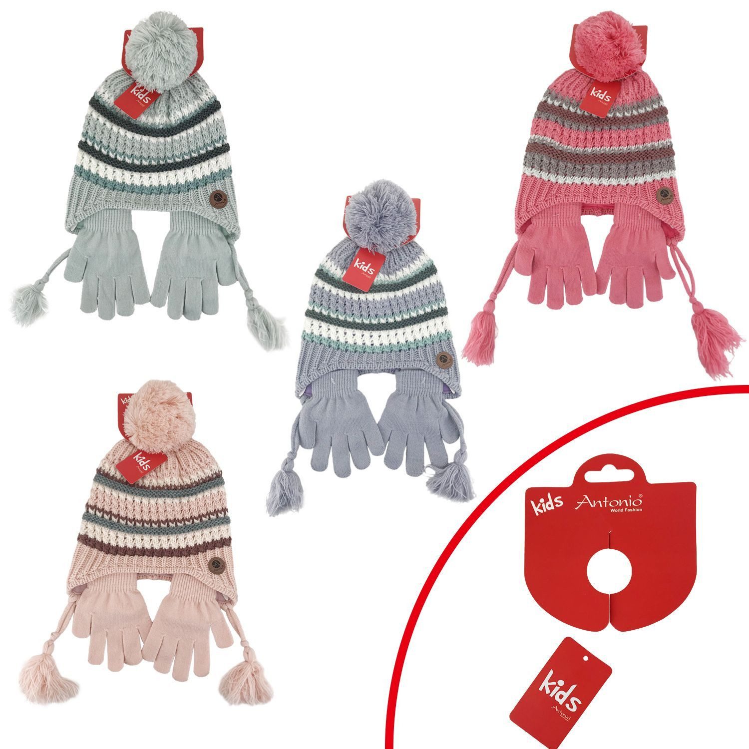VewoTex Ohrenmütze Kinder Winter Mütze mit Handschuhen » Gestreiftes Set (Set, 2-St., Mütze und Handschuhe) » Kindermütze mit Streifen und Fingerhandschuhe