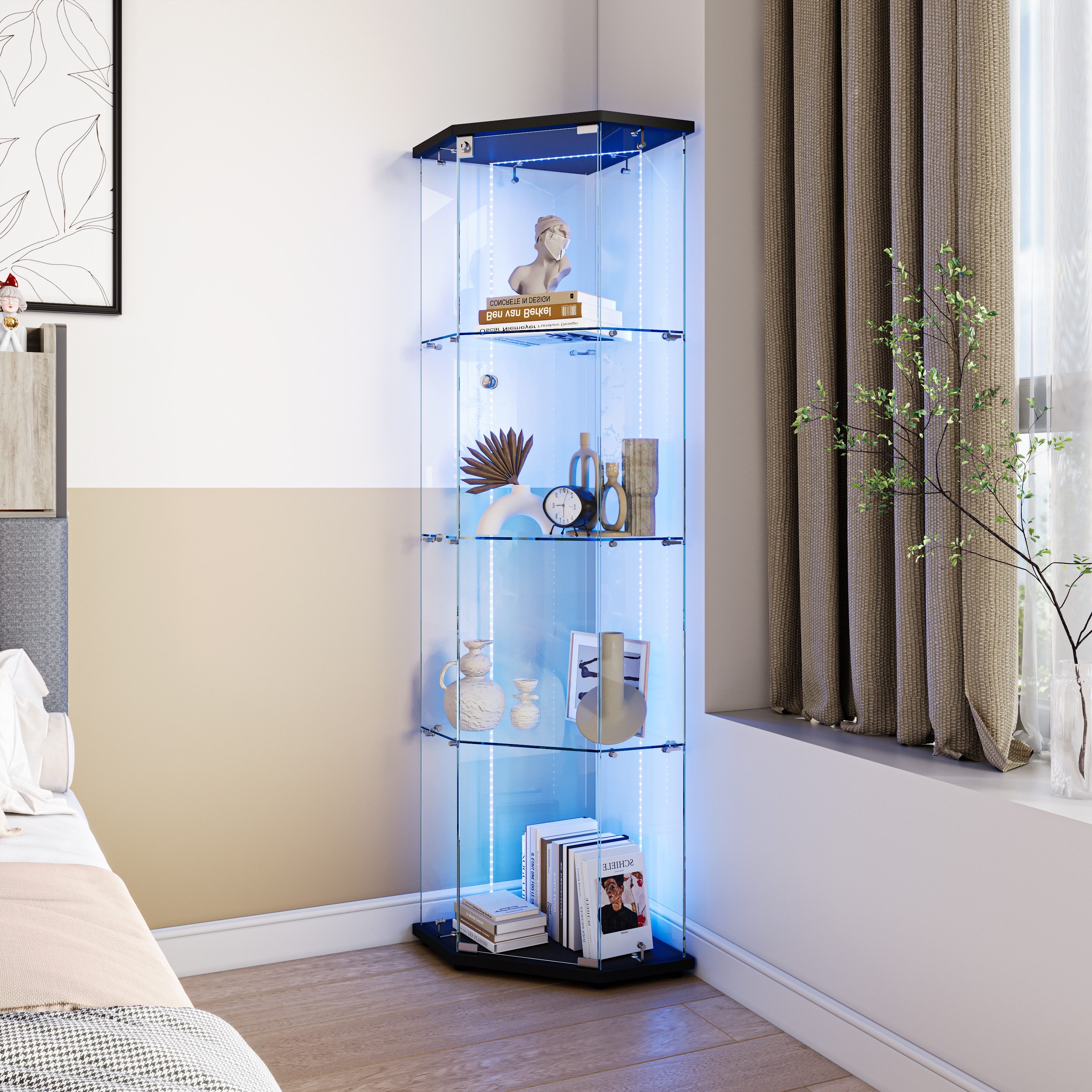 BELUPAI Glasvitrine 4 Lagen Vitrinenschrank (Set, 1-St., Fünf-Ecken Standvitrinen mit 1 Glastür, LED-Lichtleiste) für Sammlerstücke Bücher Wein, 162x60x40cm, Schwarz