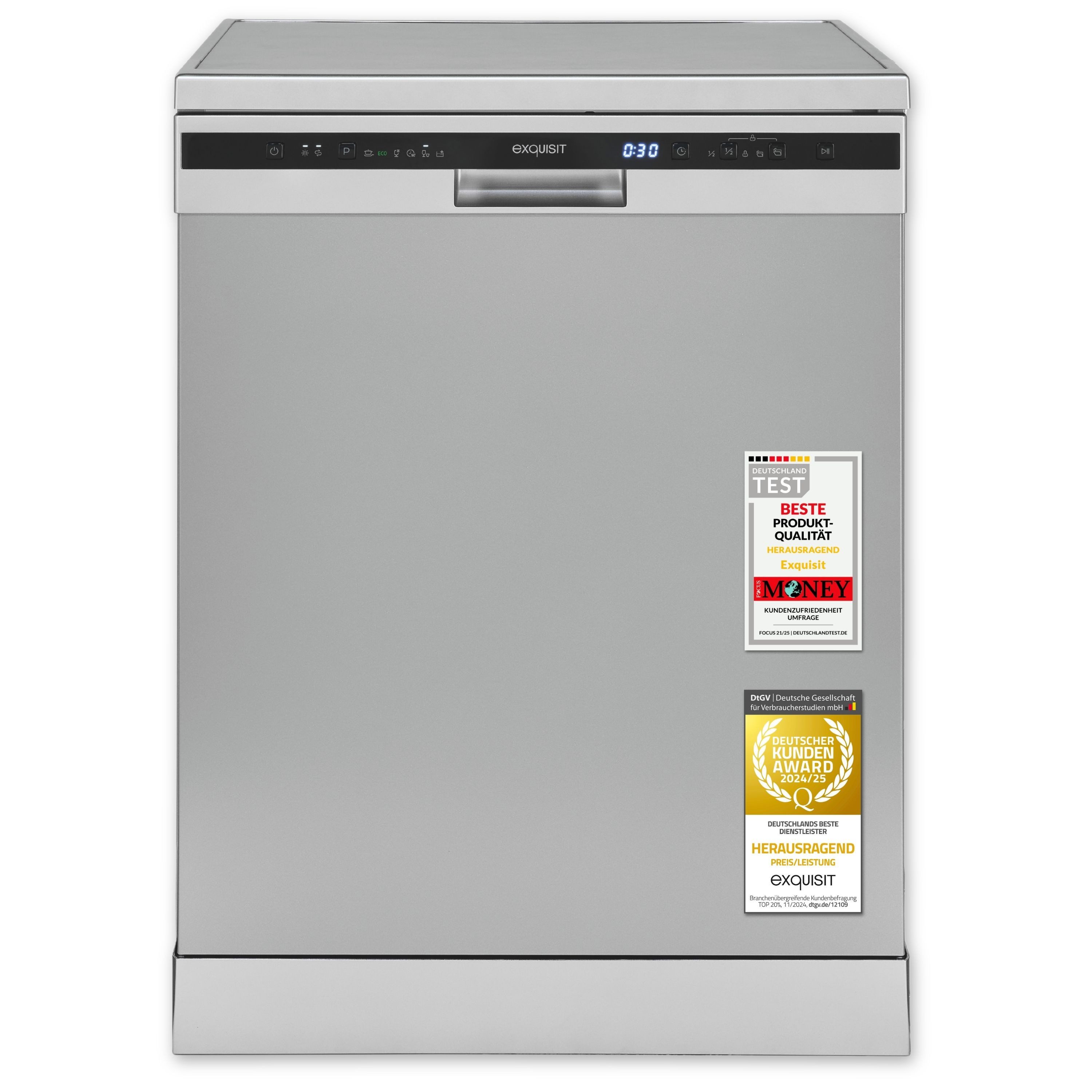 exquisit Standgeschirrspüler 6314 GSP6314-030C silber, 10,2 l, 14 Maßgedecke, Effizient, leise, 14 Maßgedecke – smartes Spülen mit LED-Komfort