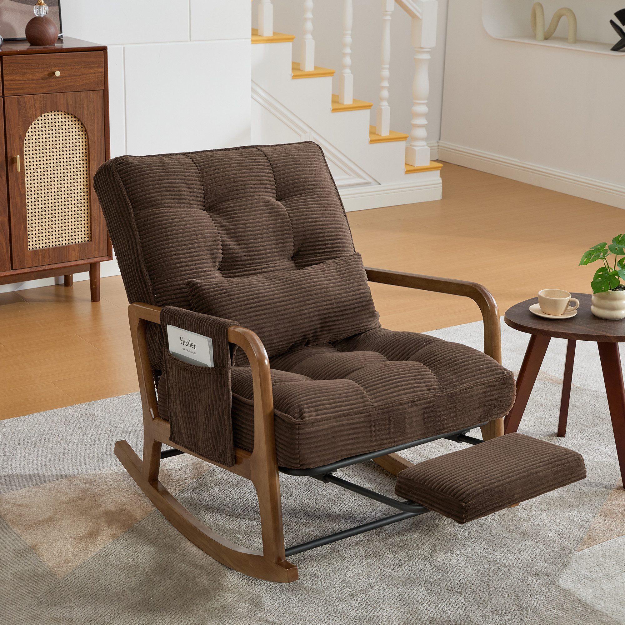 Odikalo Schaukelstuhl Loungesessel Relaxsessel Einzelsessel (Moderner Schaukelstuhl mit Fußstütze, Cord-Baby-Sessel mit Seitentaschen, ergonomischer Freizeitstuhl mit Lendenkissen & verstellbarer Lehne – für Wohn-, Schlaf- & Kinderzimmer.(brauner Cord), 70*80*92cm