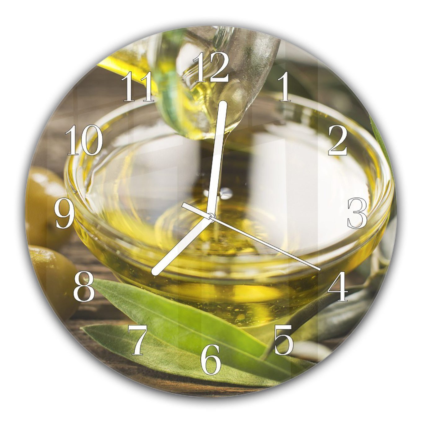 Primedeco Wanduhr Wanduhr aus Glas mit Motiv Olivenöl - Rund mit Durchmesser 30 cm und Quarzuhrwerk