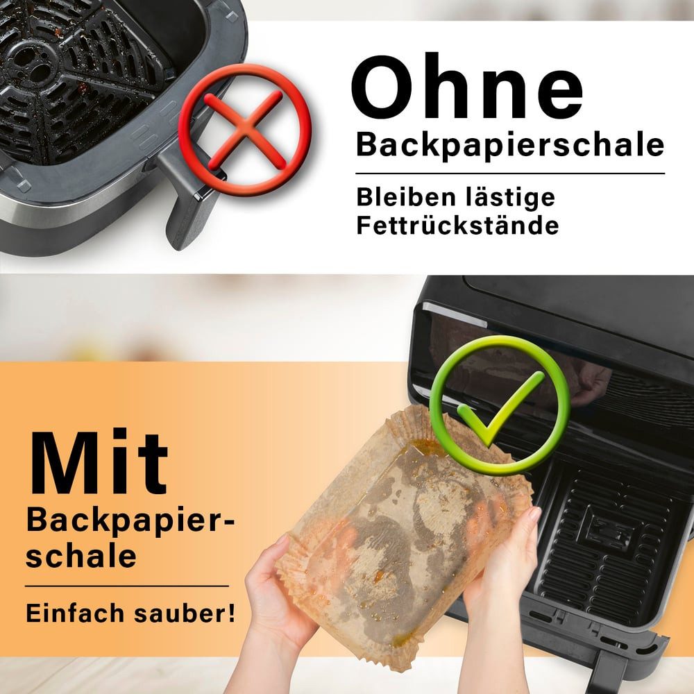 GOURMETmaxx Backpapier für Doppelkorb-Airfryer - 100 Stück – 22 x 14 x 4,5cm, Airfryer Heißluftfritteuse Einwegschalen Baking Paper – Bild 4 von 5