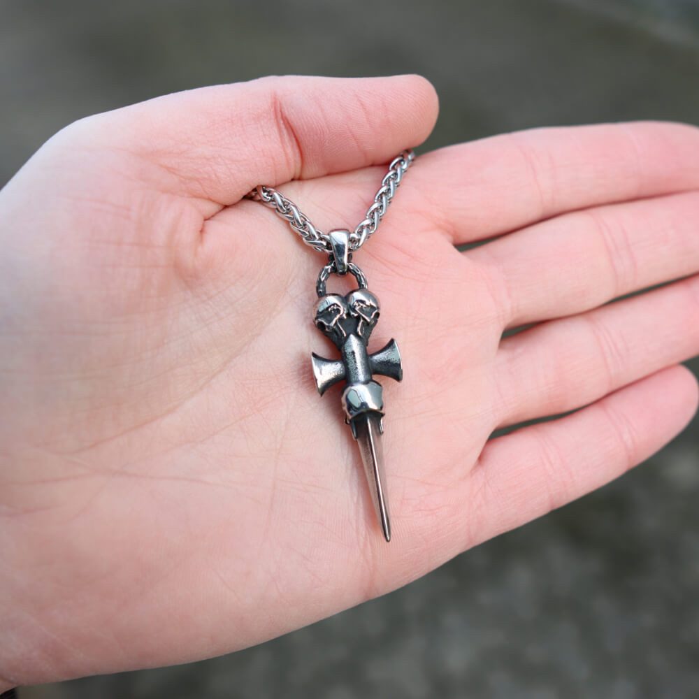 DALMARO Kette mit Anhänger Lederkette Edelstahlkette 316L TODES DOLCH, Herren Halskette Biker / Wikinger Kette - Schmuckbox