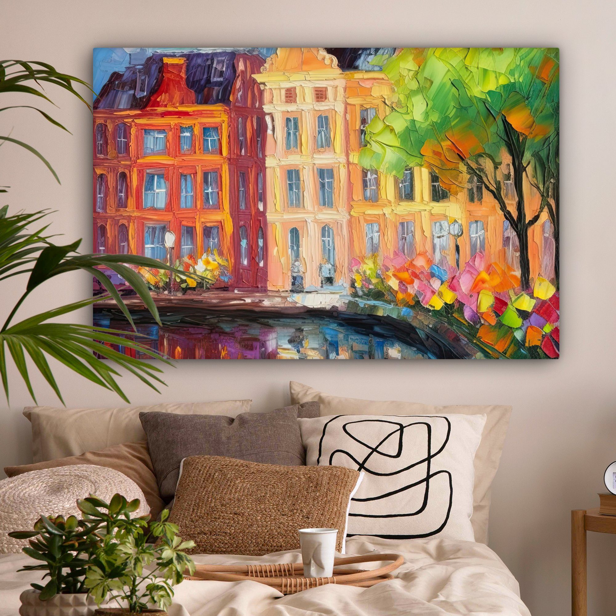 OneMillionCanvasses® Leinwandbild Ölfarbenoptik - Amsterdam - Kunst - Farbenfroh, Fotodruck (1 St), Wandbild XXL für Wohnzimmer Küche 120x80 cm