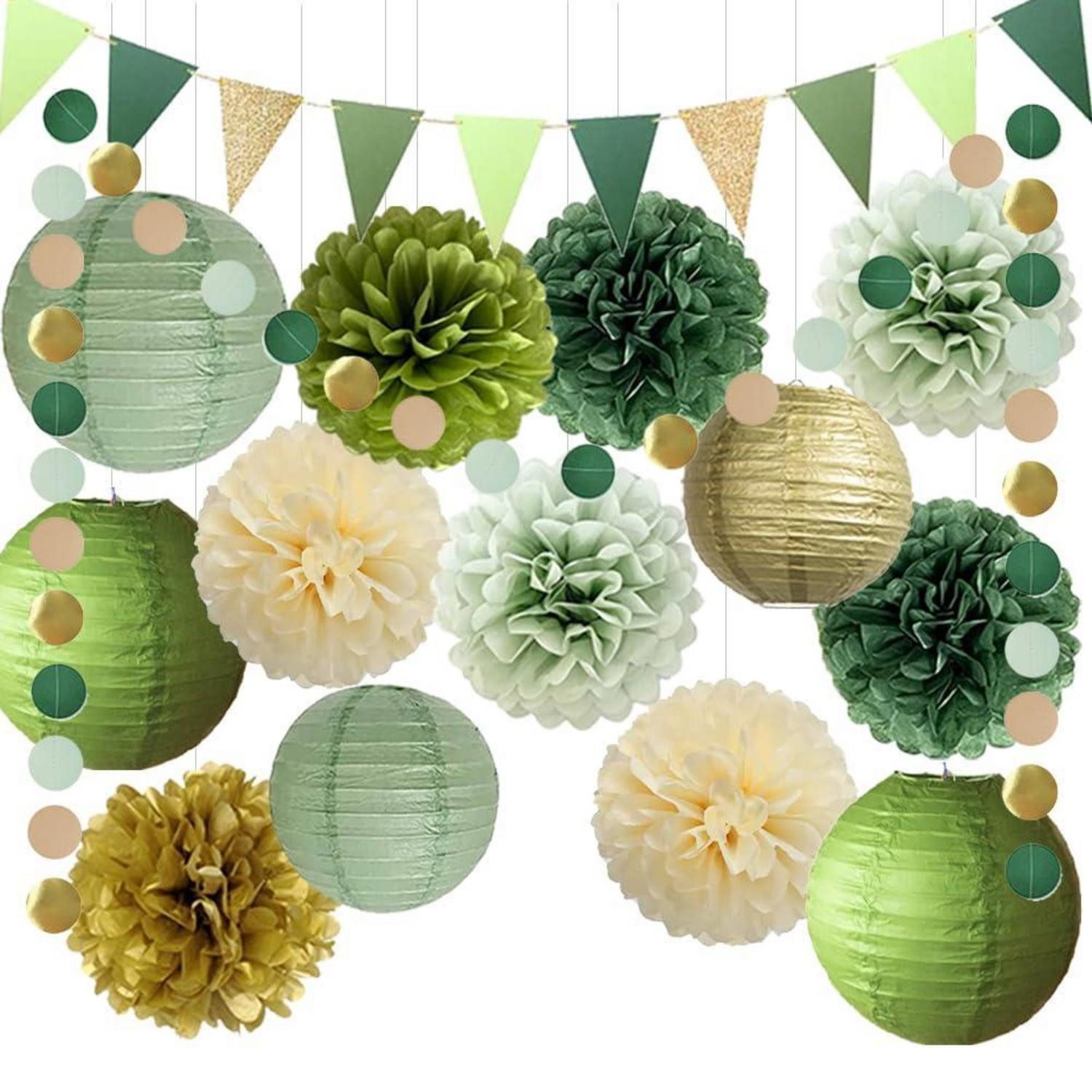 LuxusKollektion Papierlaterne Party Deko Set Grün/Gold Pom Poms & Laternen