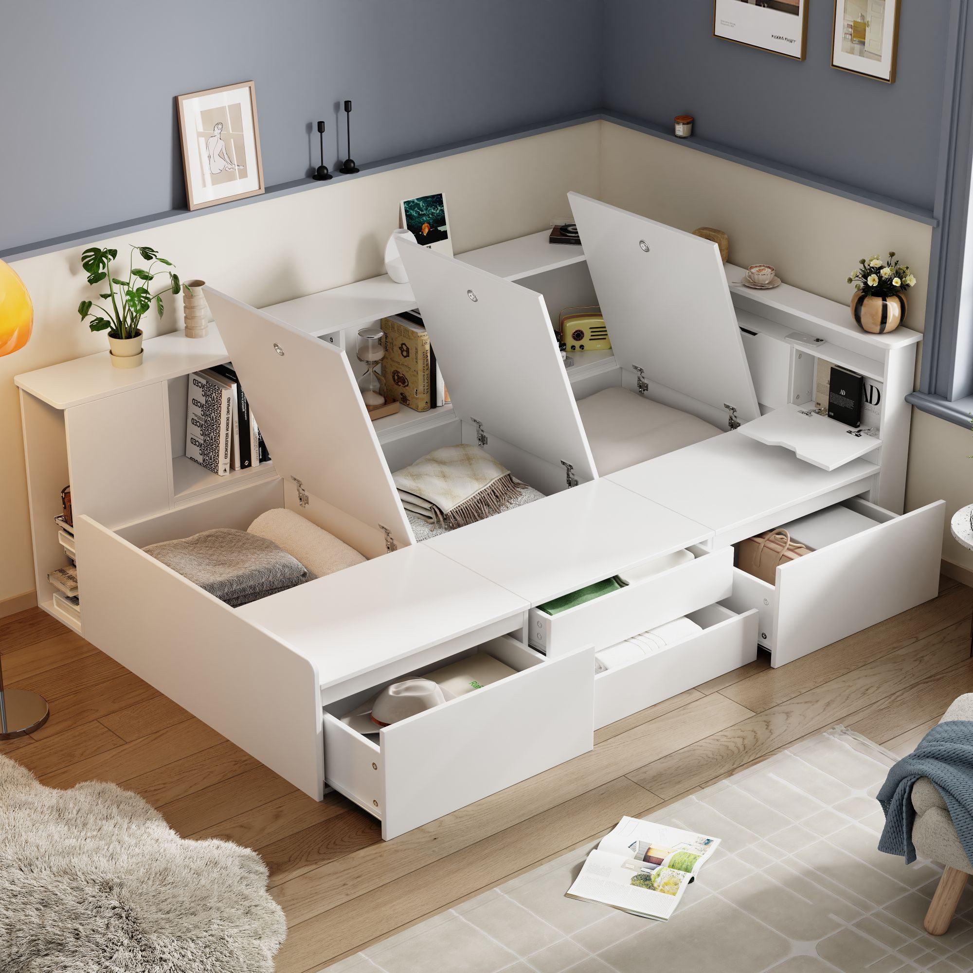 SOFTWEARY Jugendbett Multifunktionales Einzelbett mit Aufbewahrung, 90x200 günstig online kaufen