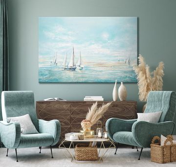 YS-Art Gemälde Meeresblau, Landschaft, Blau Hellblau Segelboote Meer Leinwand Bild Handgemalt