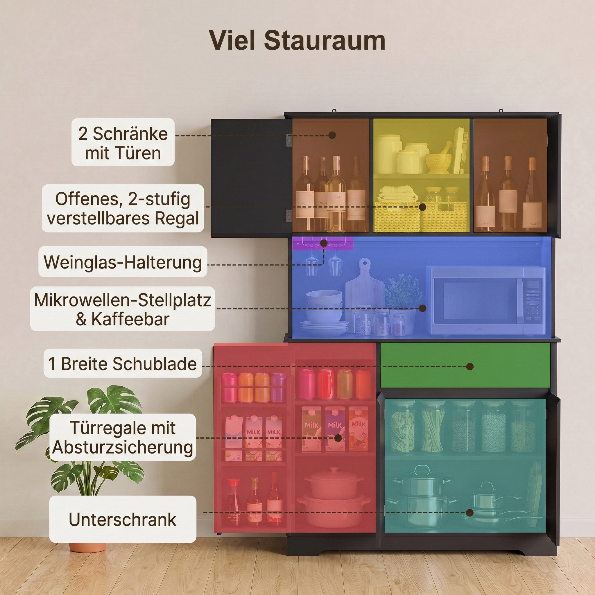 Bealife Küchenbuffet Küchenschrank mit Arbeitsplatte mit 1 Schublade und 5 Türen (Mit LED-Licht (farblich einstellbar) & Steckdose) – Bild 4 von 5