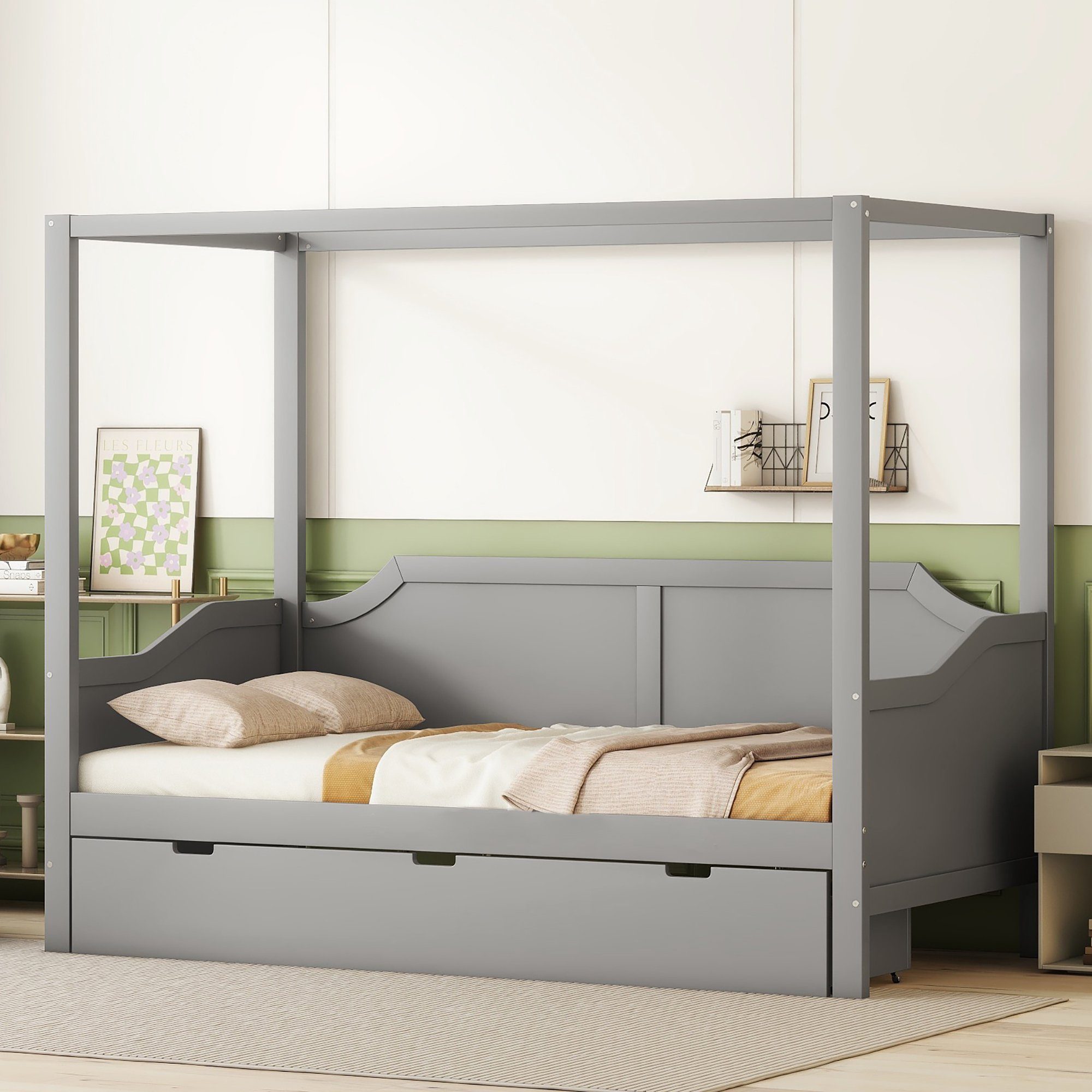 Kiefer 90x200cm Einzelbett Massivholzbett, Flieks grau Himmelbett Schublade Kinderbett mit