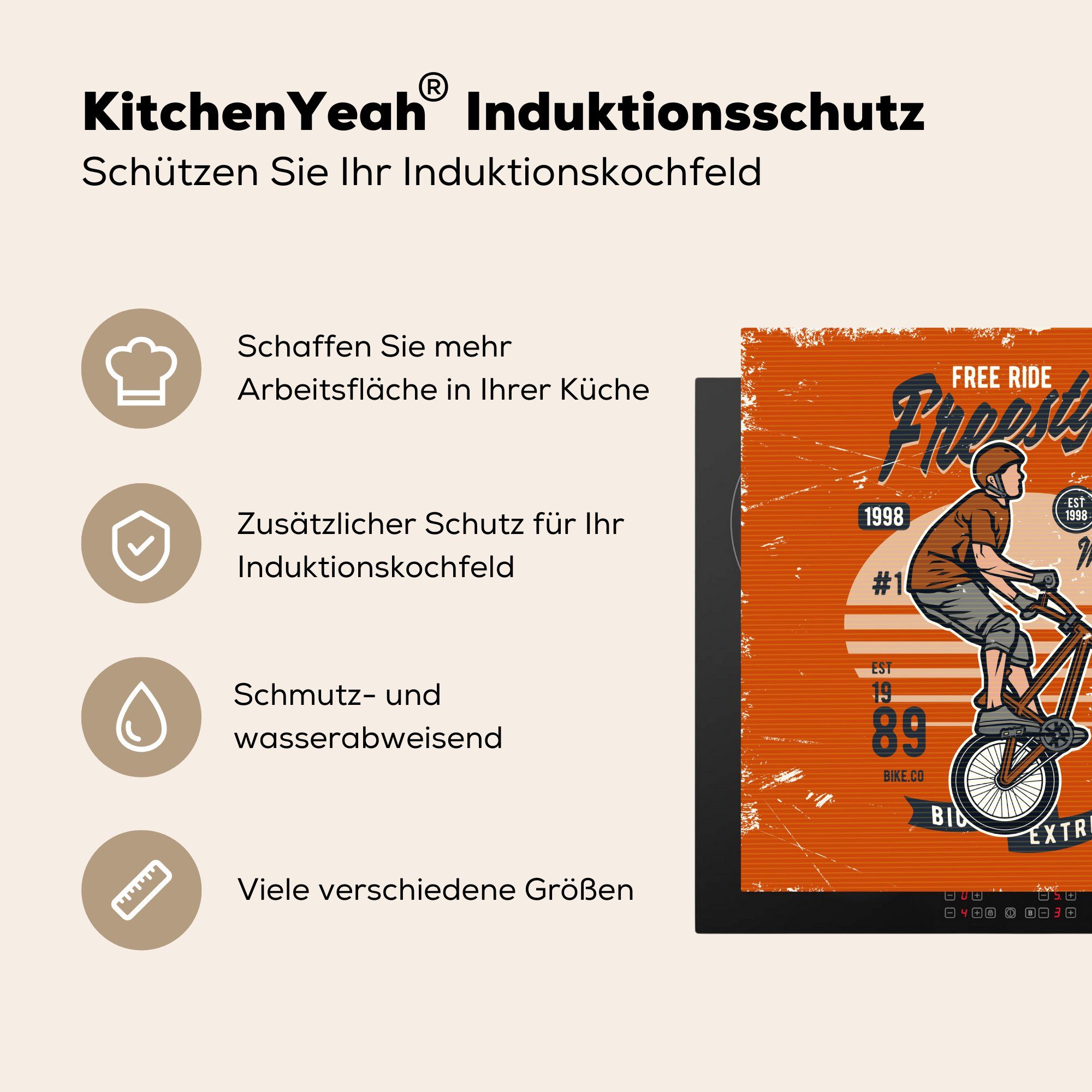 tlg), (1 Ceranfeldabdeckung, Vinyl, - Mann Herdblende-/Abdeckplatte küche Retro, für - Arbeitsplatte Fahrrad cm, MuchoWow 78x78