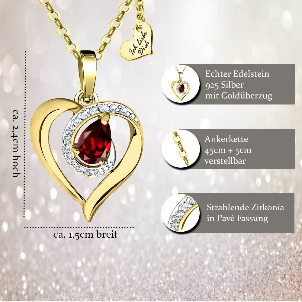 Limana Herzkette echter Granat Edelstein 925 Silber gold Halskette Kette mit Anhänger (Geschenkdose und Tasche, vergoldeter Schmuck), Liebesgeschenk Liebe Geschenk für Sie Frauen Damen Freundin Mutter Oma
