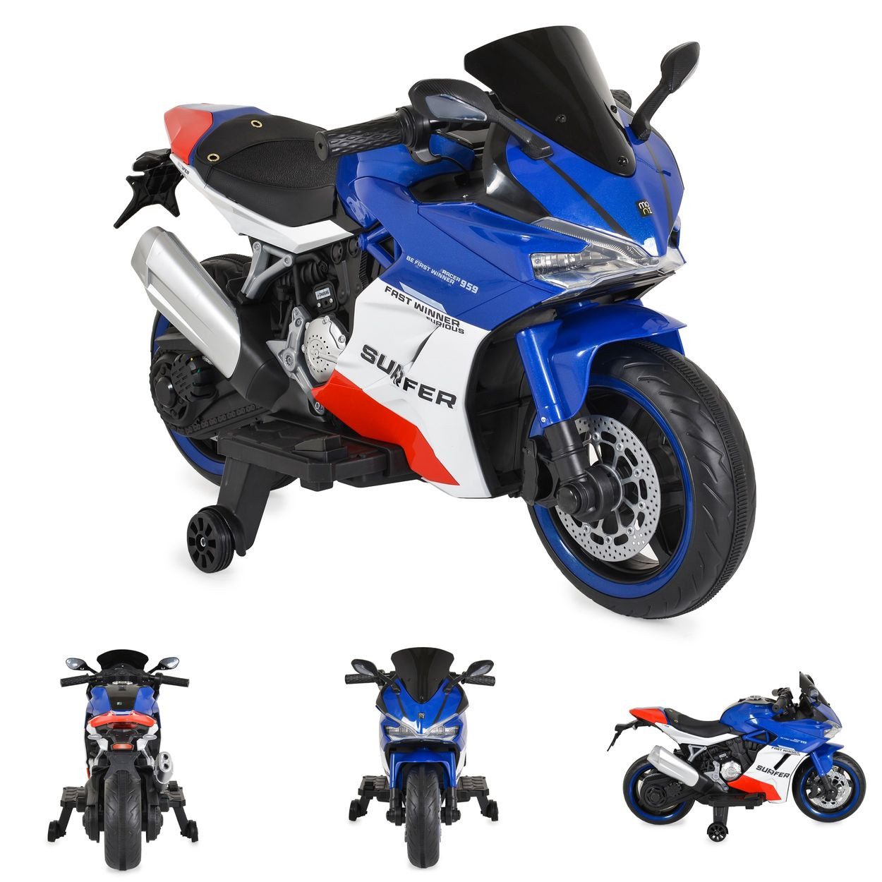 Moni Elektro-Kindermotorrad Kinder Elektromotorrad Surfer, Belastbarkeit 20 kg, Stützräder Fußstütze Bluetooth MP3-Ausgang