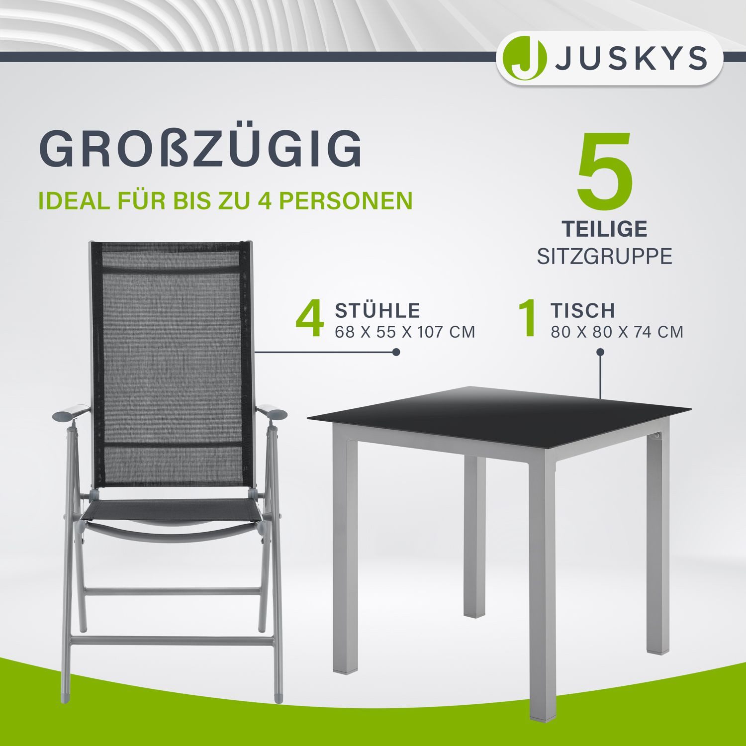 Juskys Garten-Essgruppe Milano, (5-tlg), 4 Gartenstühlen plus Tisch - Stühle klappbar und verstellbar