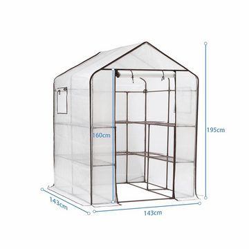 Sekey Gewächshaus Begehbares Foliengewächshaus mit 10 Regalebenen, Treibhaus für Garten, 143 x 143 x 195 cm Tomatenhaus Winterfest Gewächshaus mit Tür, Fenster