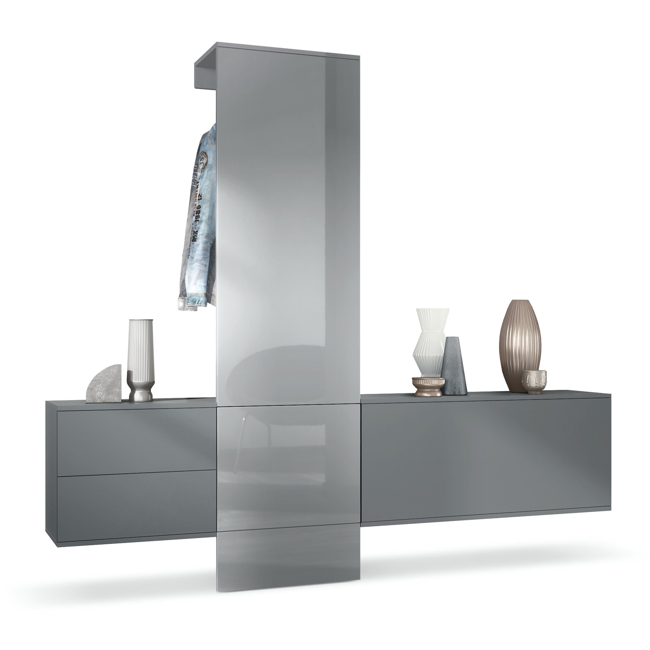 Vladon Garderoben-Set Carlton Set 1, (Wandgarderobe bestehend aus, 1 Paneel, 1 Schubkastenschrank und 1 Schrankmodul), Anthrazit matt/Grau Hochglanz (209 x 193 x 35 cm)