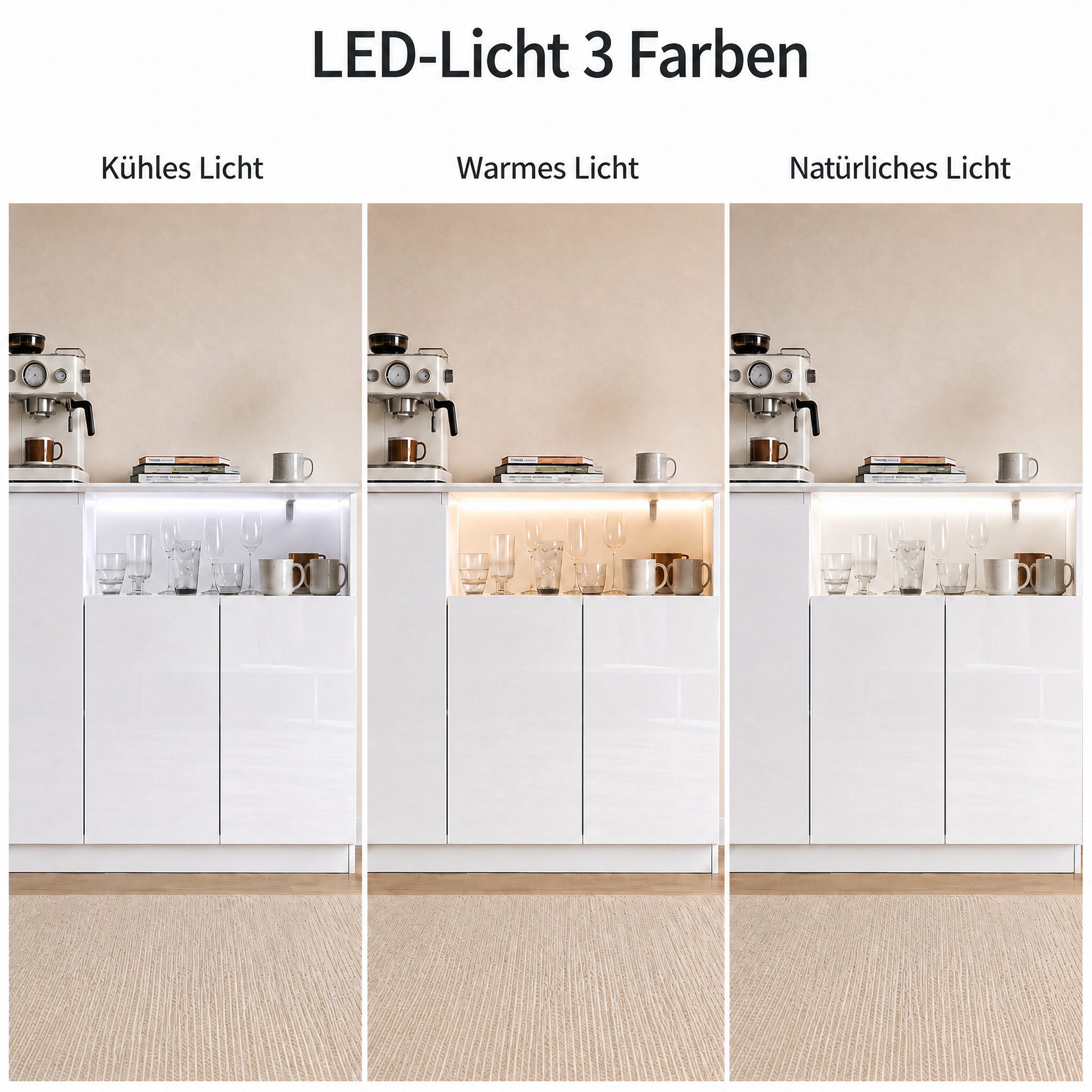 FUFU&GAGA Sideboard Hochglanz 120cm Kommode mit Beleuchtung 3 Farbe, weiß