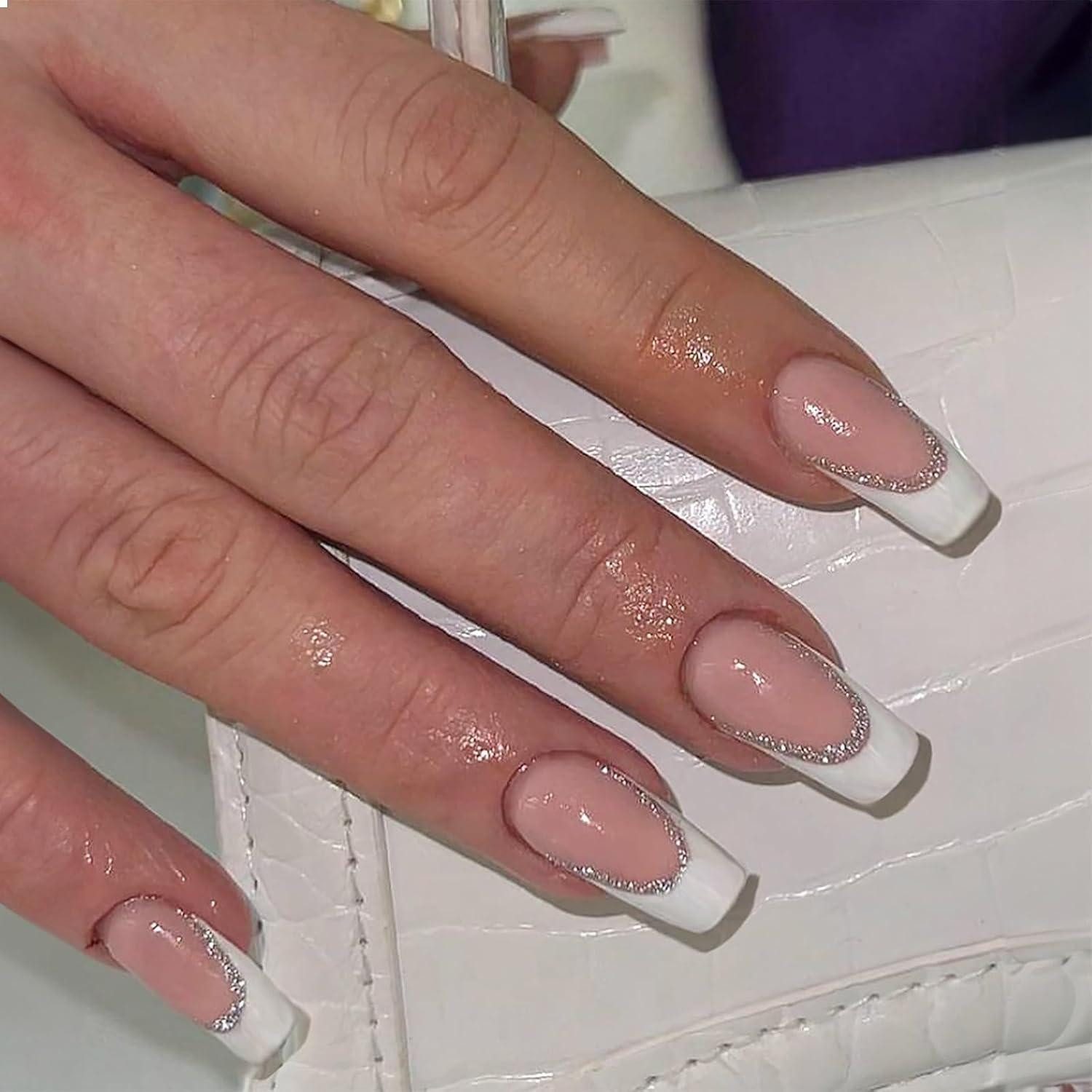 Kunstfingernägel 24 Stück Glitzer Nagel Kunst Falsche Nägel Lang Weiß Fran. Spitze