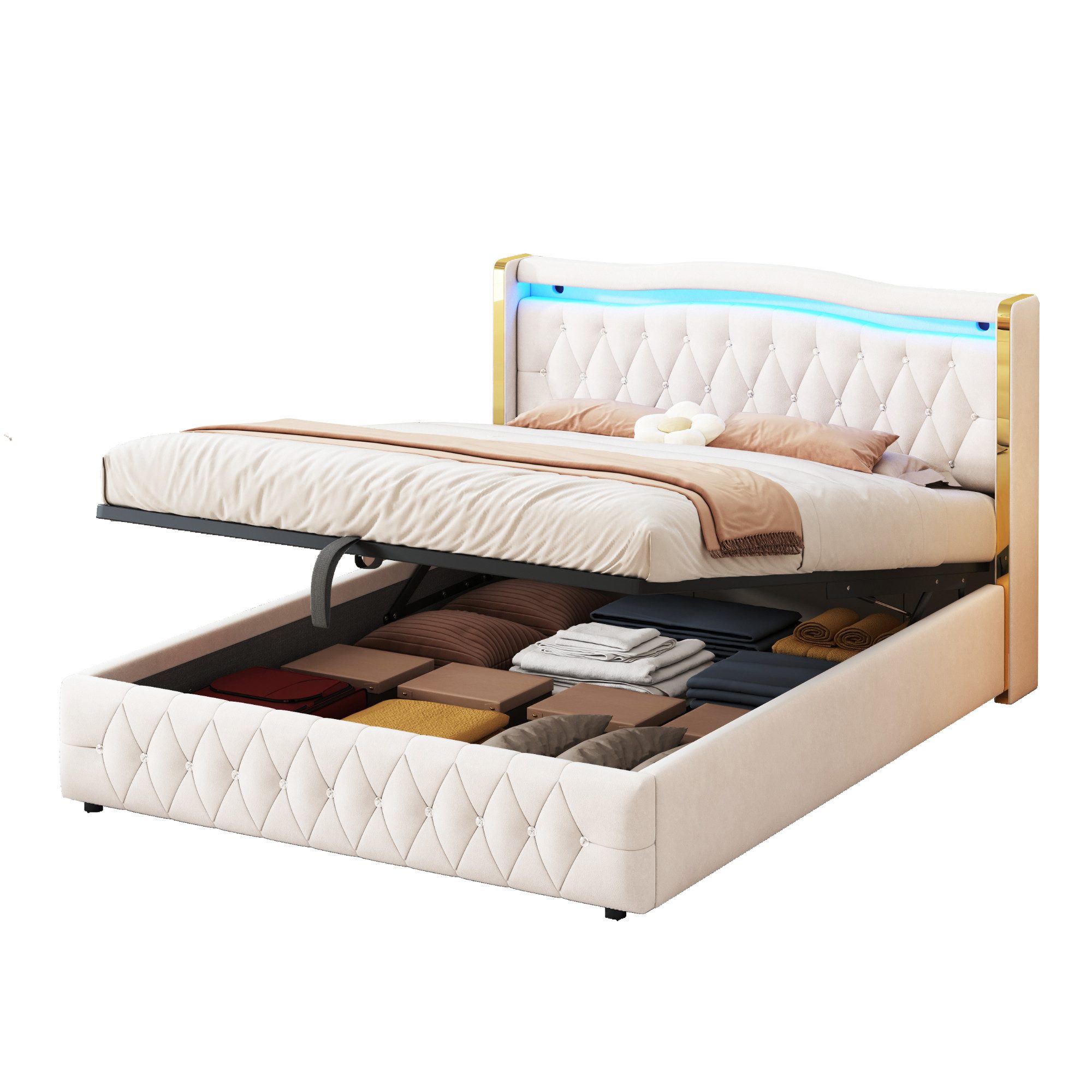 Flieks Polsterbett, LED hydraulisches Doppelbett 160x200cm mit hellen Strei günstig online kaufen