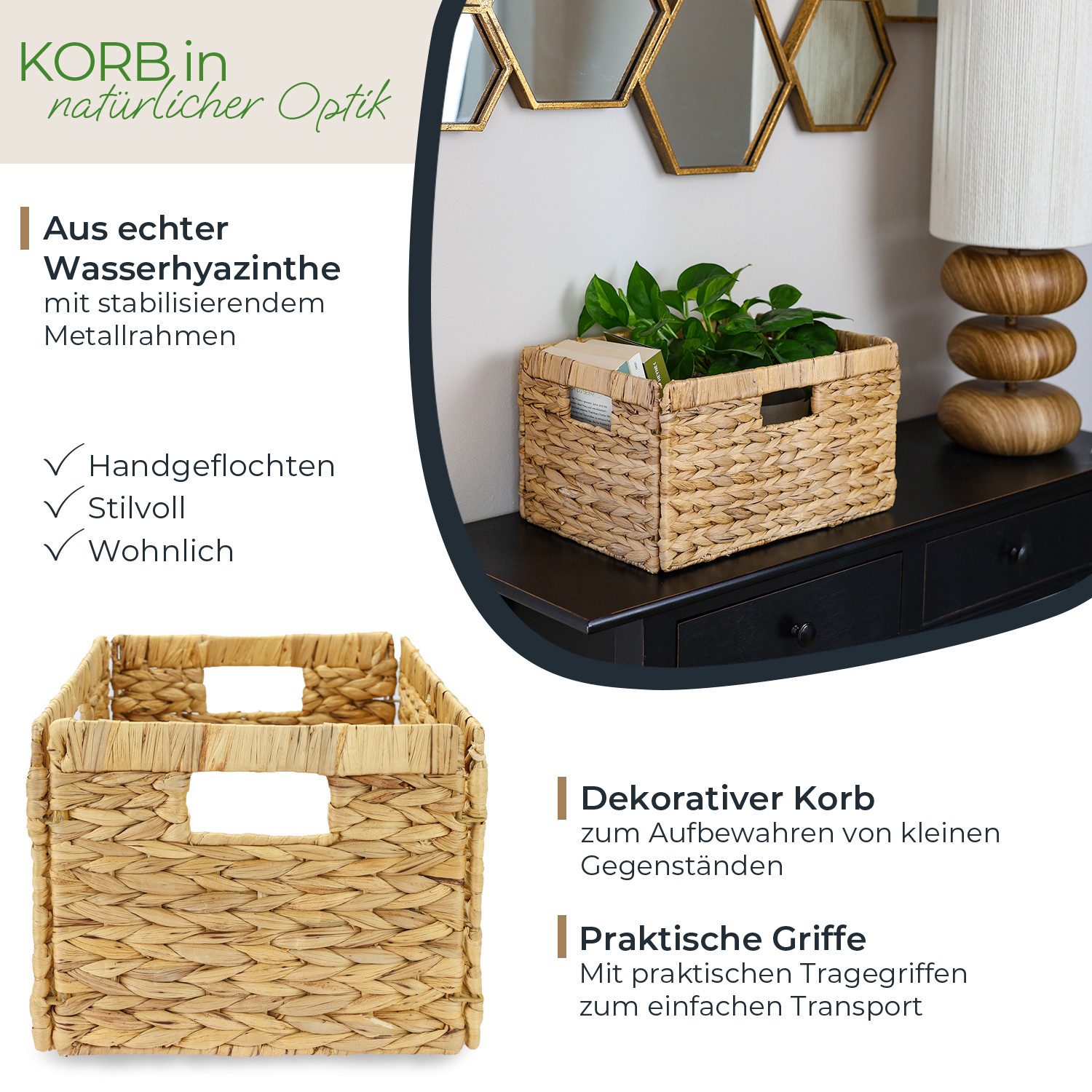 HMF Regalkorb Aufbewahrungskorb passend für BILLY Regal, Korb, geflochten aus Wasserhyazinthe mit drei Griffen, 35 x 25 x 20 cm – Bild 2 von 5