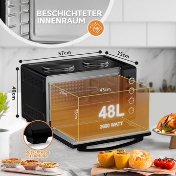HOMELUX Minibackofen mit Kochplatten und HäHnchengrill, Mini ofen 48L 3600W Schwarz, Ober-/Unterhitze Max 230°C, Geeignet für Camping & Kleinküchen