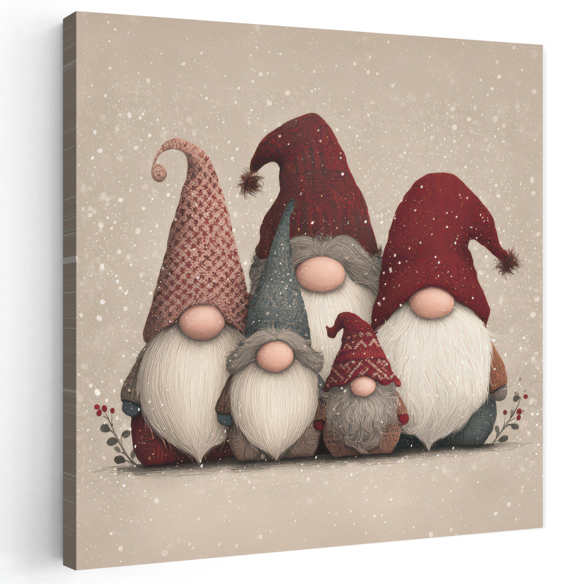 OneMillionCanvasses® Leinwandbild Wichtel - Weihnachten - Schnee - Zipfelmützen, Fotodruck (1 St), Wandbild, Deko Schlafzimmer Wohnzimmer Flur 20x20 cm