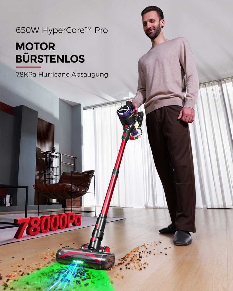 VACTechPro Akku-Hand-und Stielstaubsauger F02 Ultra Akkustaubsauger, 78000Pa/650W/70Min, 8-Schicht-Filterung, 650 W, 78000Pa/650W/70Min, 8-Schicht-Filterung, Anti-Tangle Bodenbürste