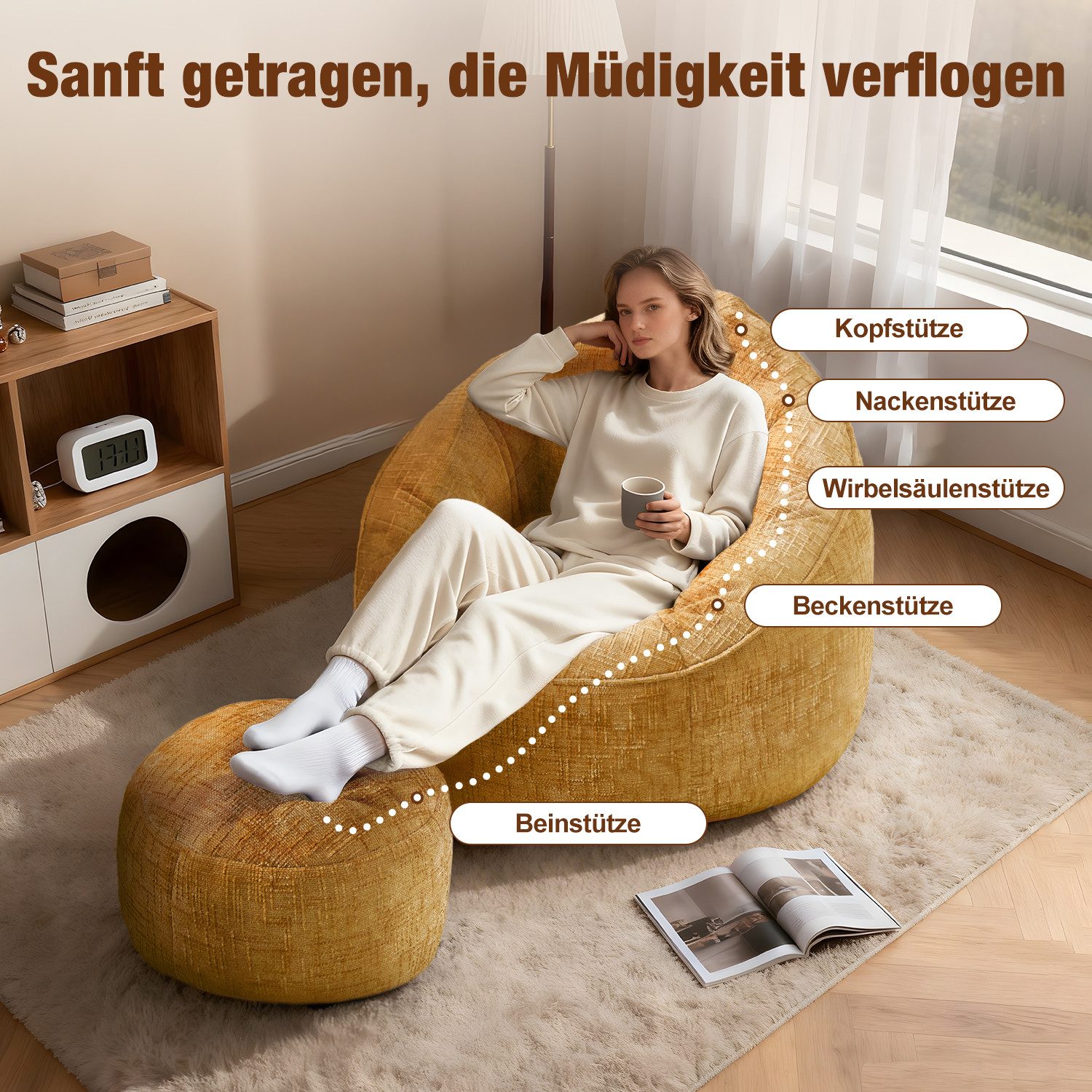 Lexzurn Sitzsack Sitzsack Lazy Sofa Gaming Sitzsack mit Hocker, Sitz Sack mit (Granularer-MemorySchwamm Füllung, Lounge Sessel, Lounge Stuhl, Weich und Formstabil), Couch für Erwachsene und Kinder, für Schlafzimmer, Büro und Wohnzimmer