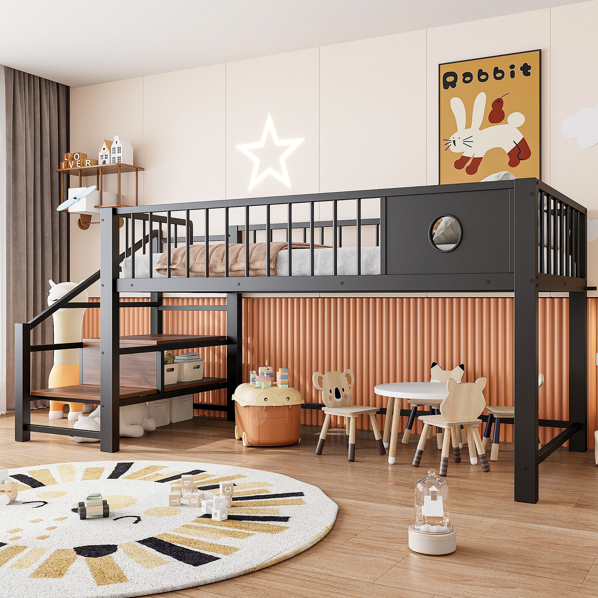Flieks Kinderbett, Niedriges Hochbett Metallbett 90×200cm mit Aufbewahrungstreppe