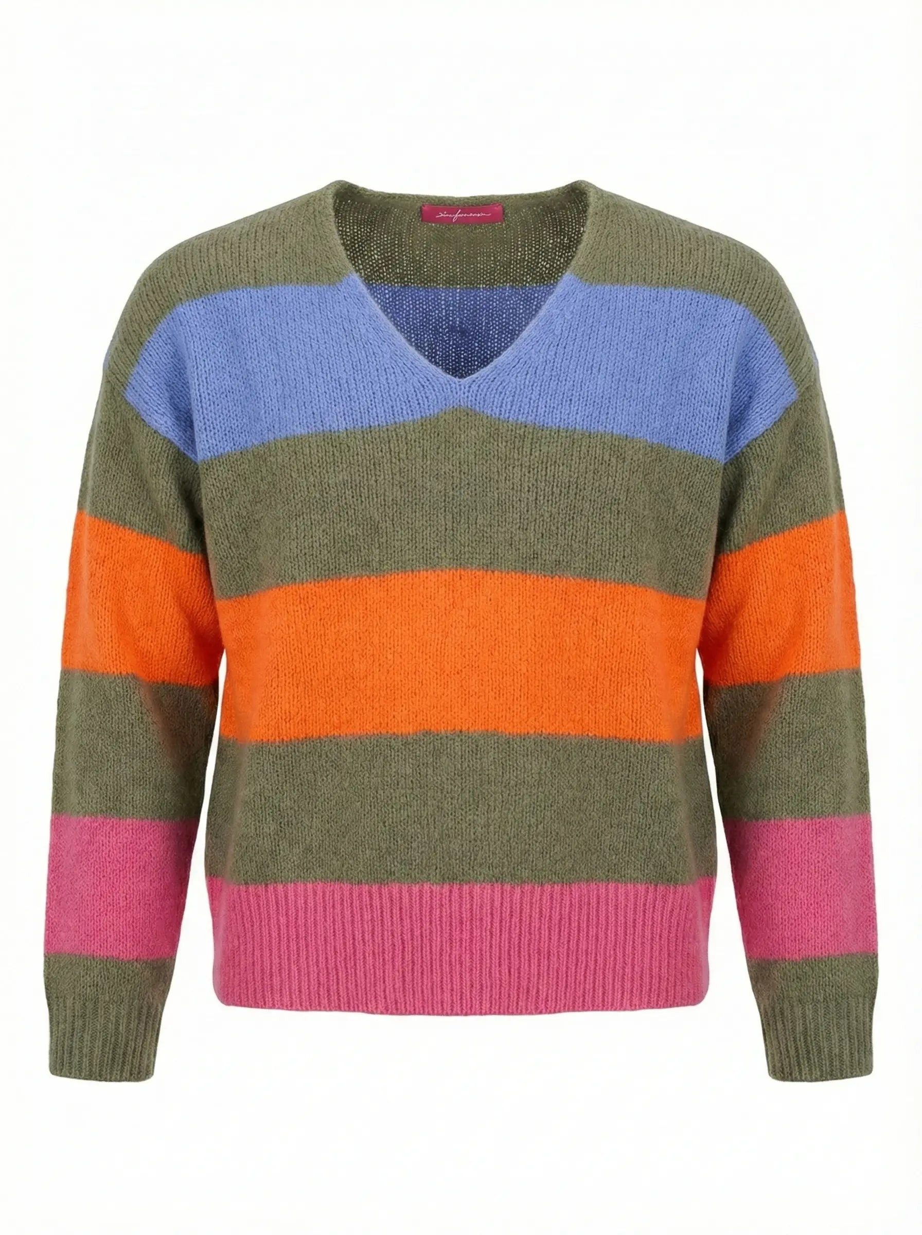 six-o-seven Strickpullover Blockstreifen Strickpullover mit V-Ausschnitt in Oliv