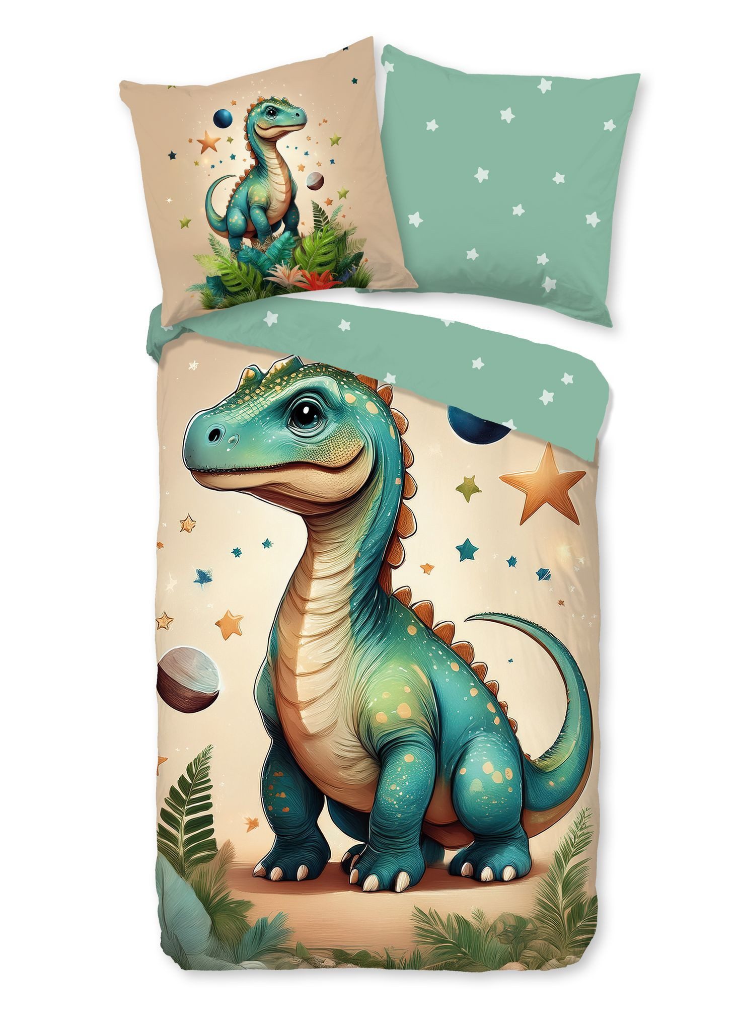 JACK Kinderbettwäsche 135x200cm, Dinosaurier Sterne Grün, Flanell, 2 teilig günstig online kaufen