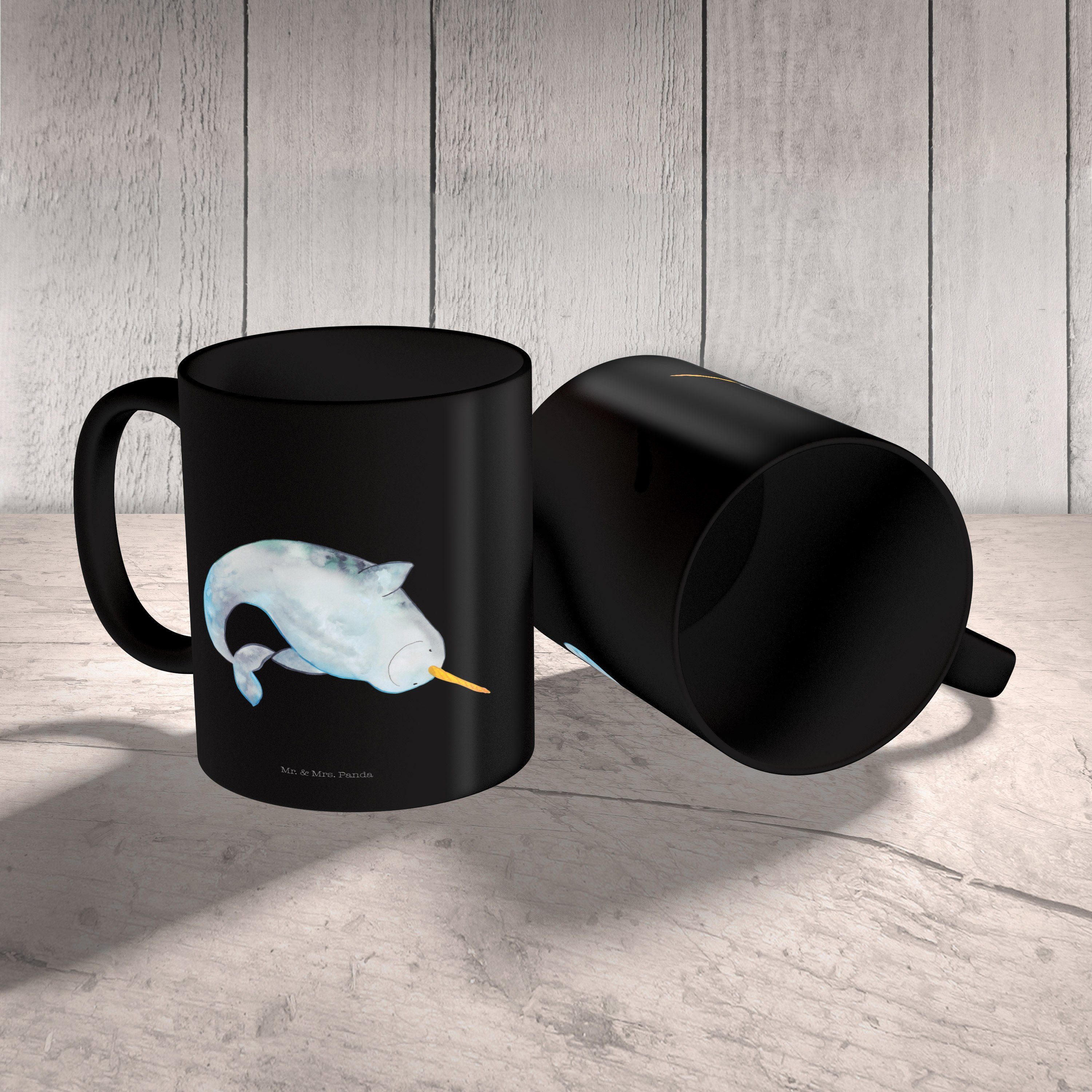 Panda & Narwal Schwarz Keramik - Kaffe, Tasse Porzellantasse, aufräumen, Mrs. - Schwarz Mr. Geschenk, Urlaub,