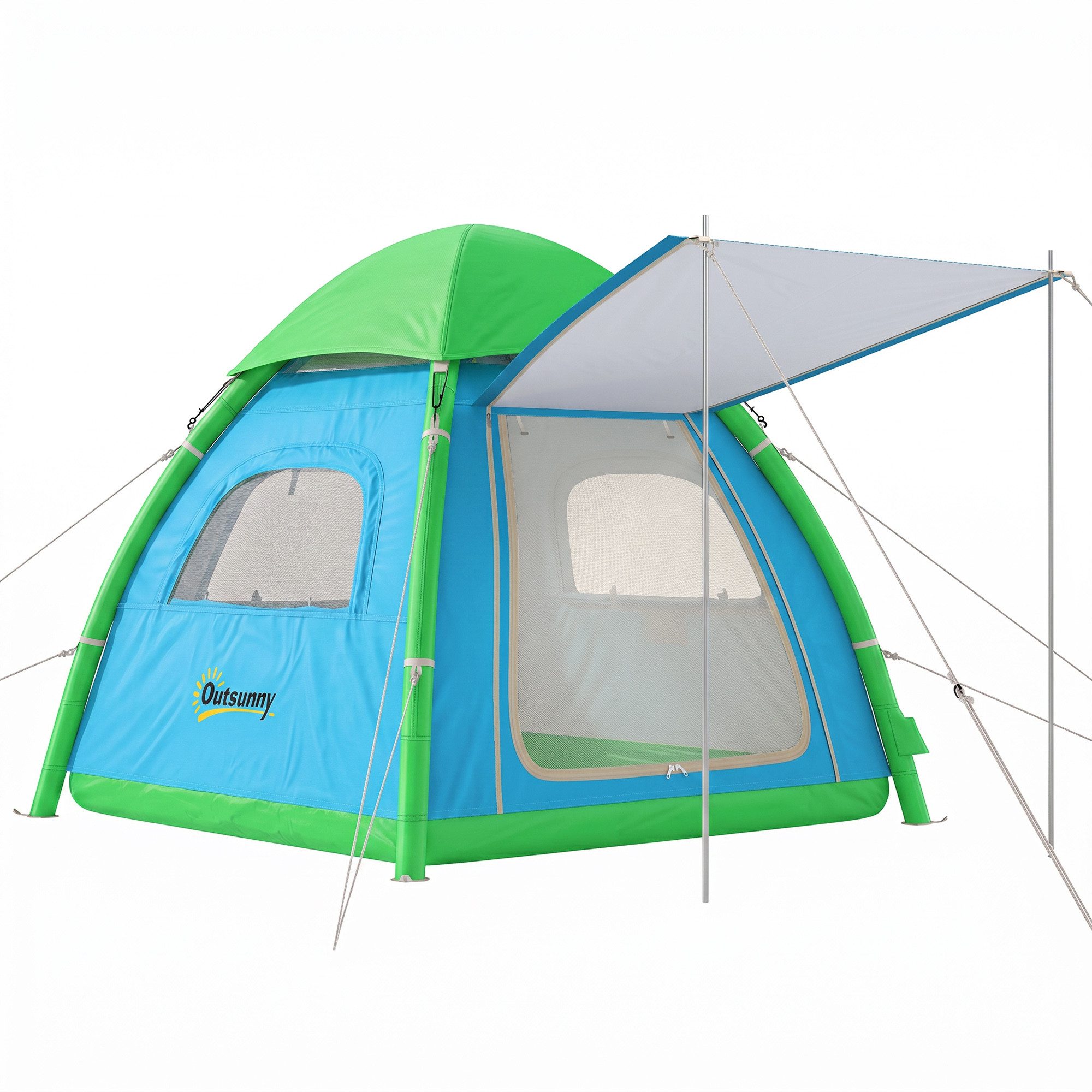 Outsunny aufblasbares Zelt Outdoor mit Luftpumpe Meshfenster abnehmbar Dach fluoreszierend, Personen: 3 (Camping Zelt, 1 tlg., Air Glamping Zelte), Hellblau
