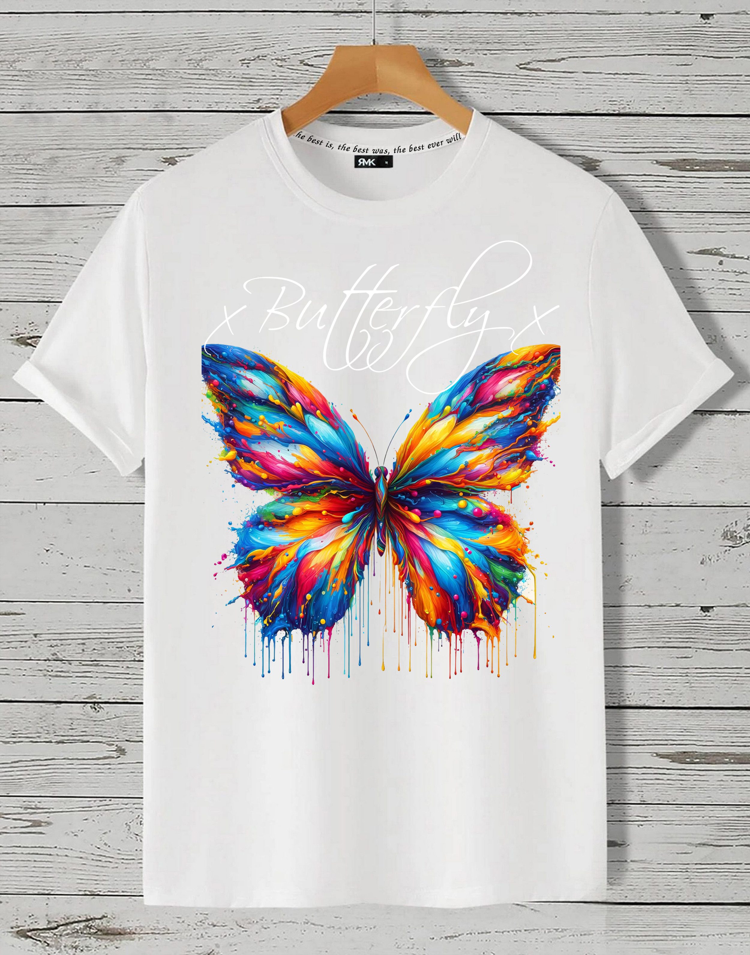 RMK T-Shirt Herren Shirt Basic Rundhals mit Butterfly Regenbogen Schmetterling