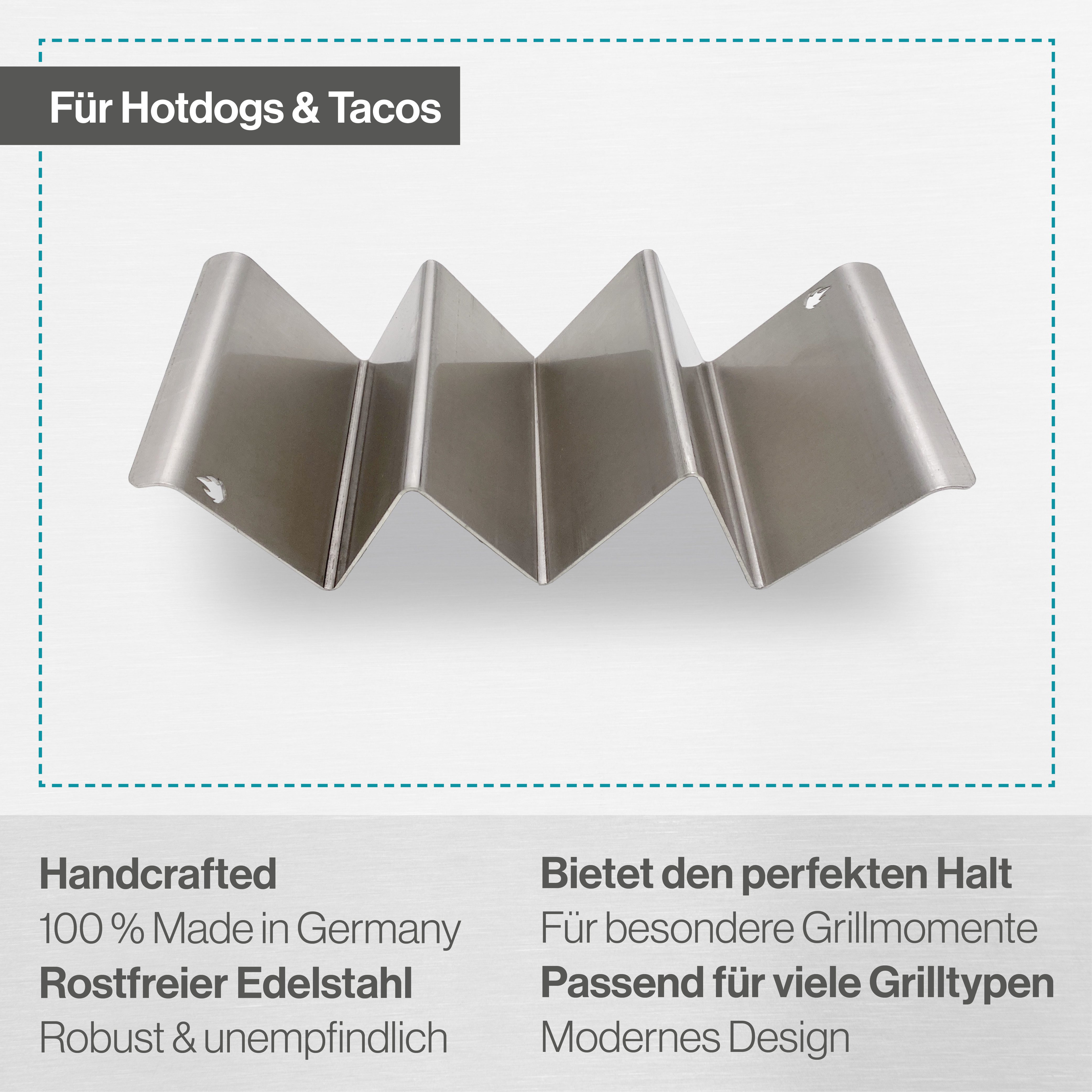 Feuerfest 123 GmbH Hotdog-Maker Halter aus Edelstahl für Hot-Dogs, Burritos oder Tacos, Grillzubehör, perfekt für Hotdogs & Co