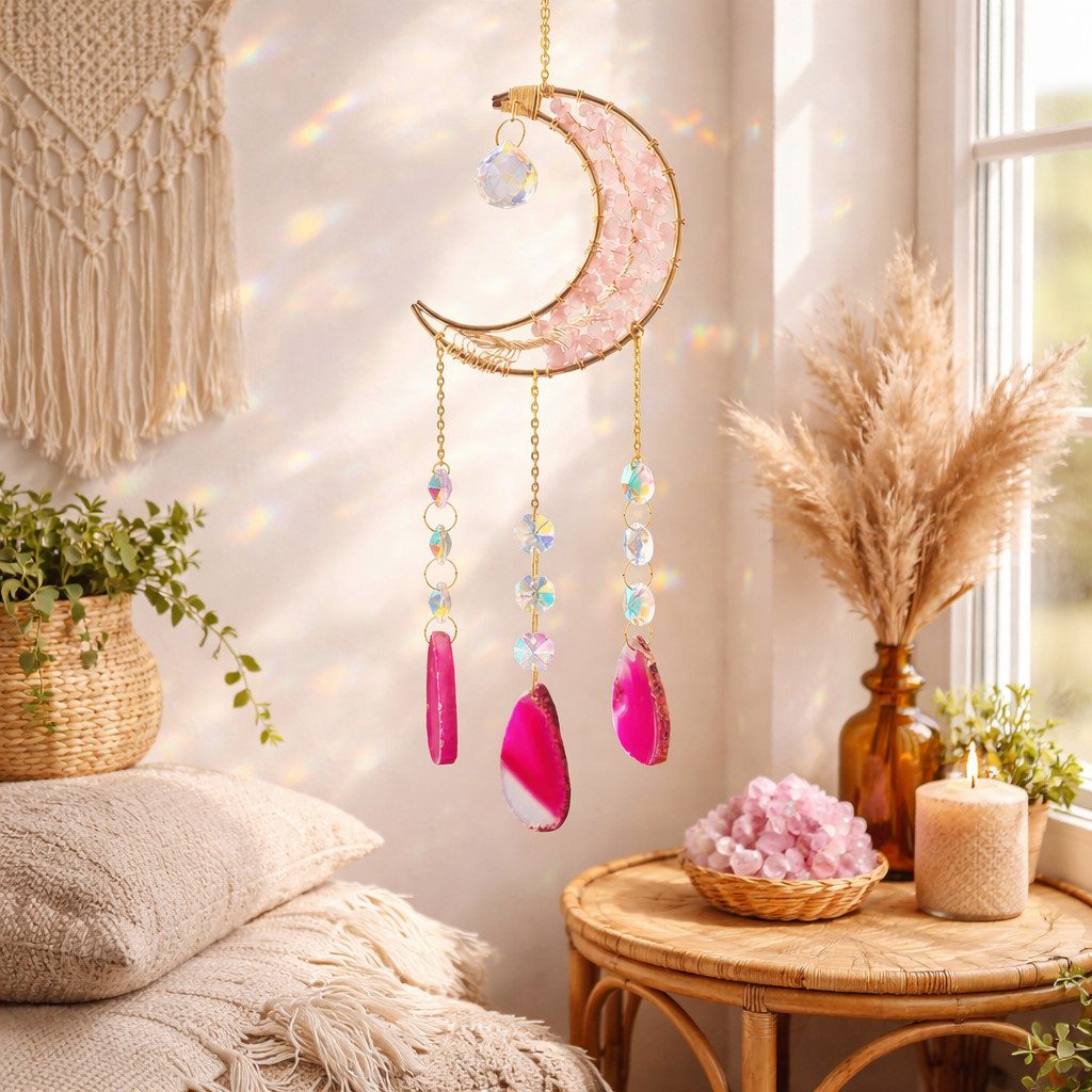 Karmandala Fensterdekoration Edelstein Sonnenfänger mit Kristall Regenbogen Lichtspiel, echte Rosenquarz Steine, spirituelle Boho Deko