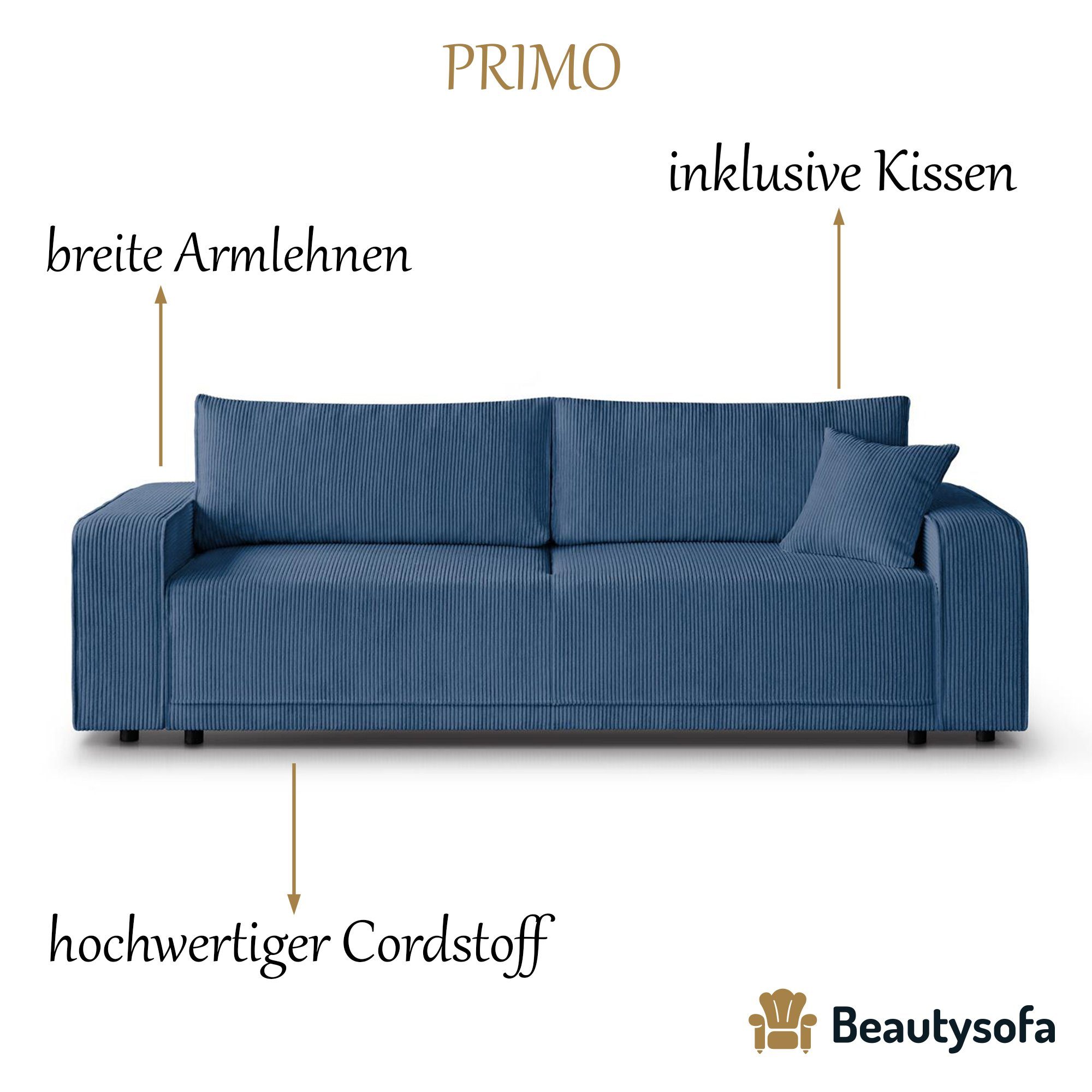 modernes Sofa, (poso Schlaffunktion, breite Schlafsofa Beautysofa Wellenfedern, Design Bettkasten, Armlehnen Blau 05) PRIMO,