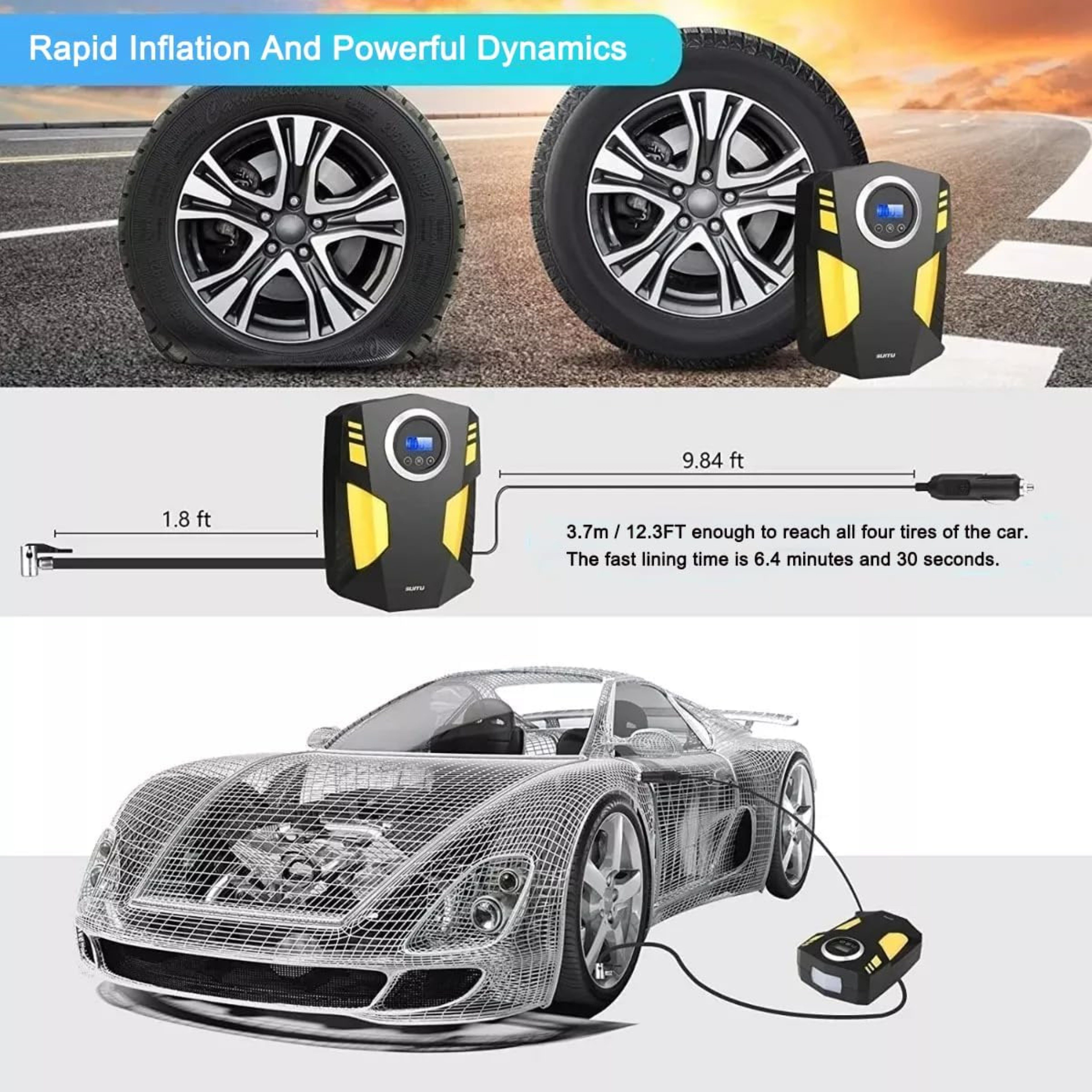 LA CUTE Kompressor 12V Digitaler Reifenfüller mit LED-Licht, 3 Düsen für Auto & Fahrrad, max. 6,9 bar, Tragbarer Reifenfüller mit LED-Anzeige und Schnellbefüllu – Bild 3 von 5
