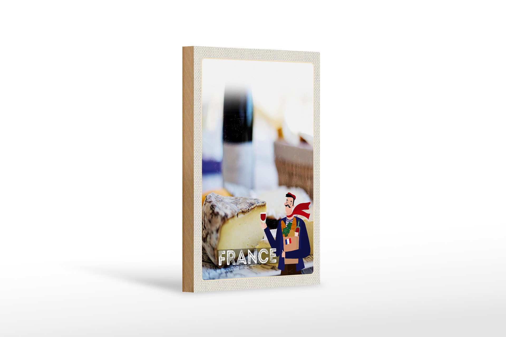 Holzbild Reise 12x18 cm Frankreich Schimmelkäse Croissant