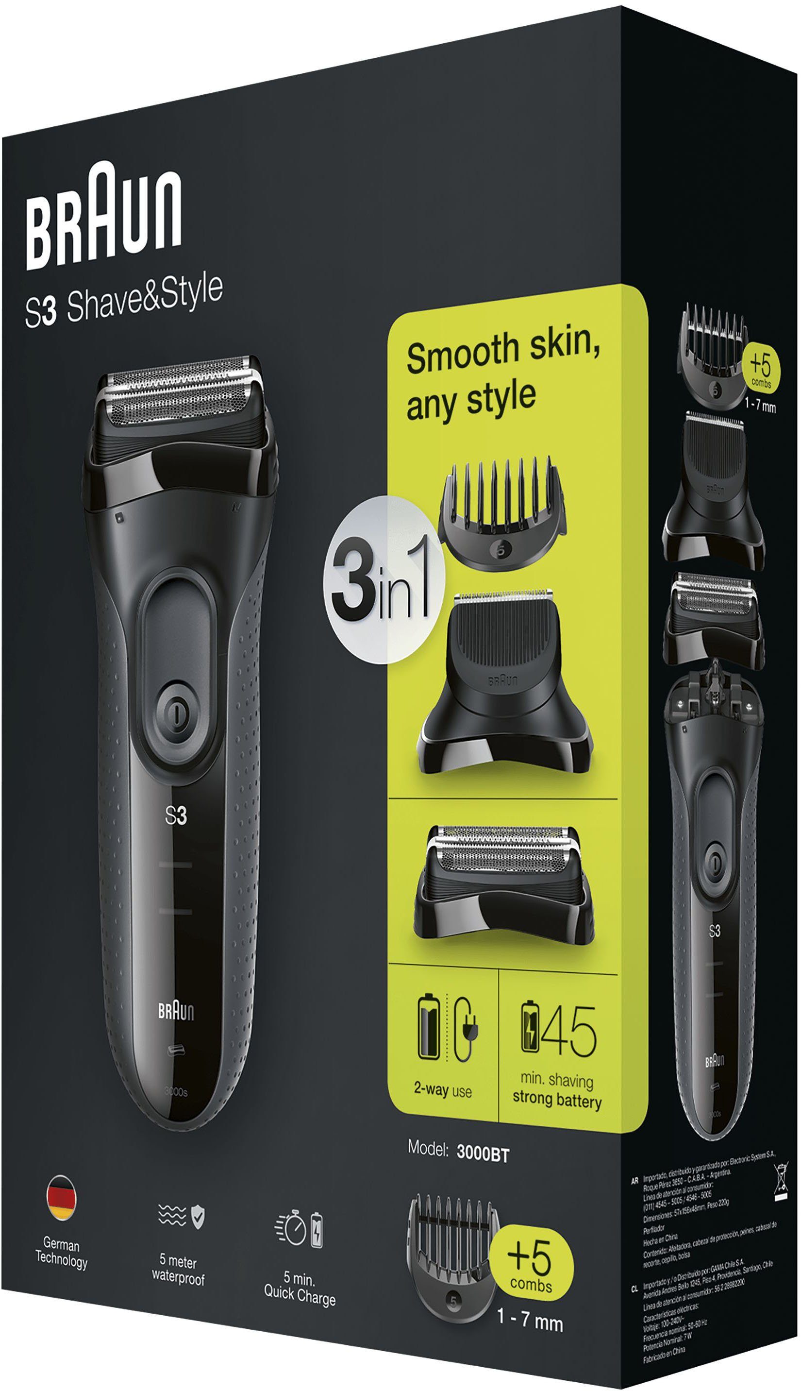 5, Shave&Style 3000BT, Aufsätze: Elektrorasierer 3 Langhaartrimmer, Series 3-in-1 Braun