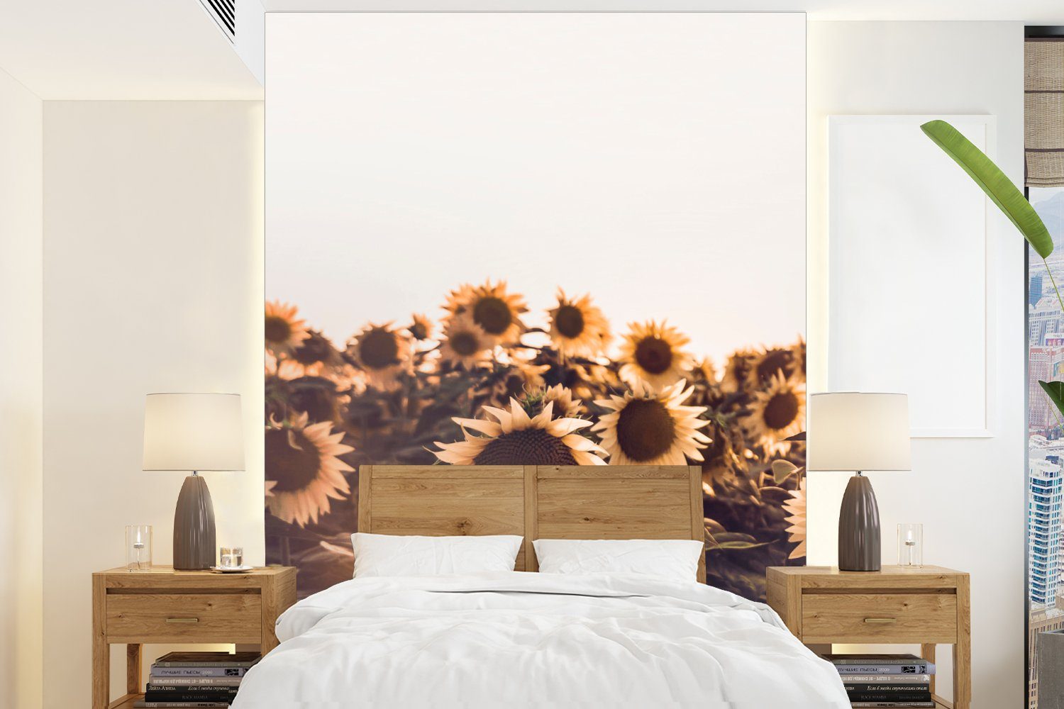 MuchoWow Fototapete Sonnenblumen - Feld - Sonnenuntergang - Blumen - Gelb, Matt, bedruckt, (4 St), Montagefertig Vinyl Tapete für Wohnzimmer, Wandtapete