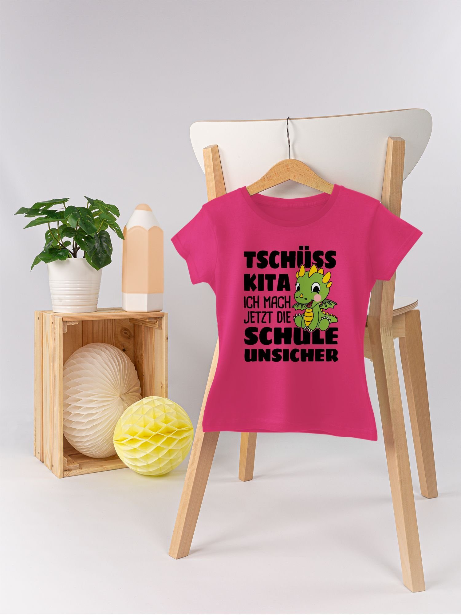 Shirtracer T-Shirt Tschüss Kita ich mach jetzt die Schule unsicher! Mit grünem Drachen Einschulung Mädchen